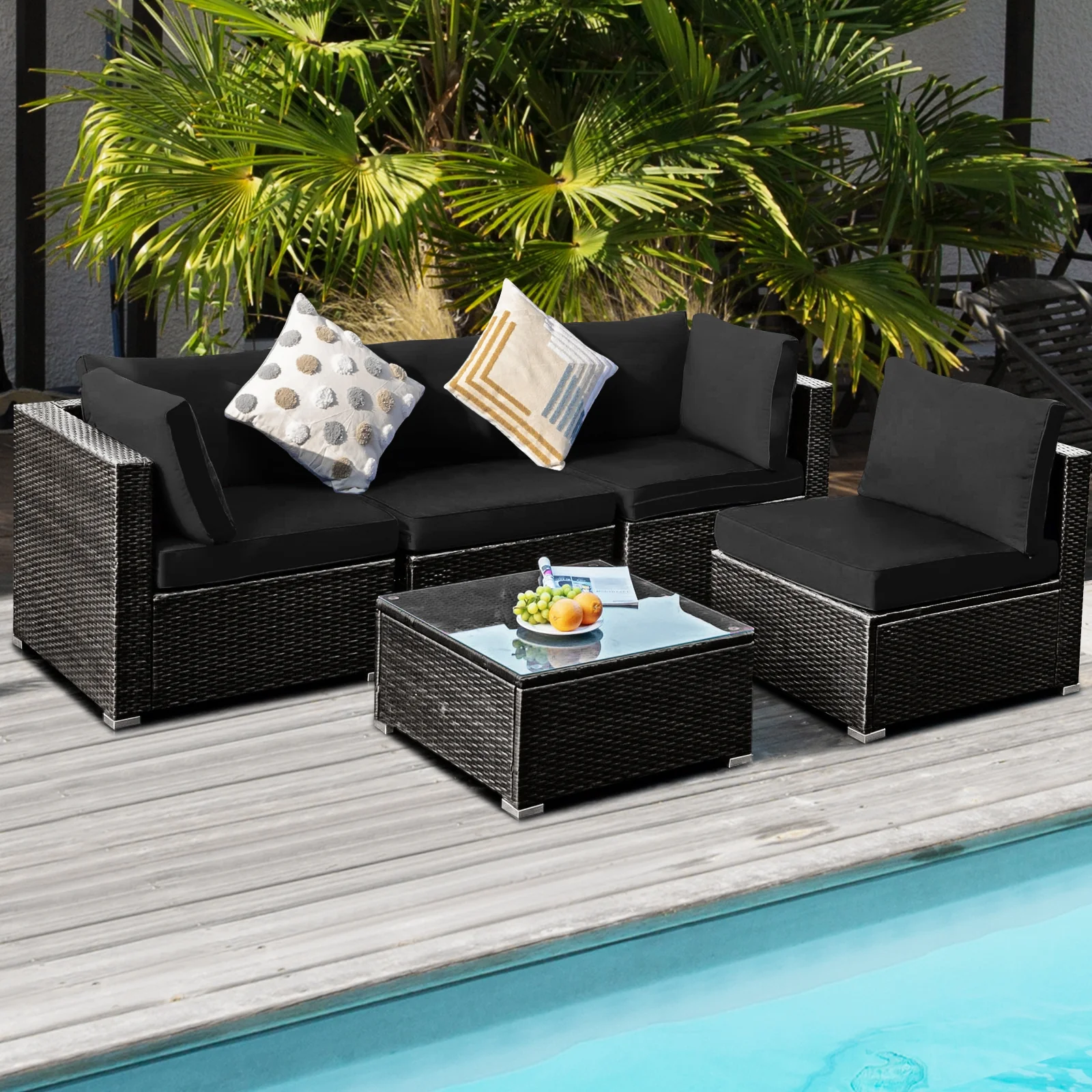 5-Piece Rattan Patio Set, Glass Table, Black - Image 7
