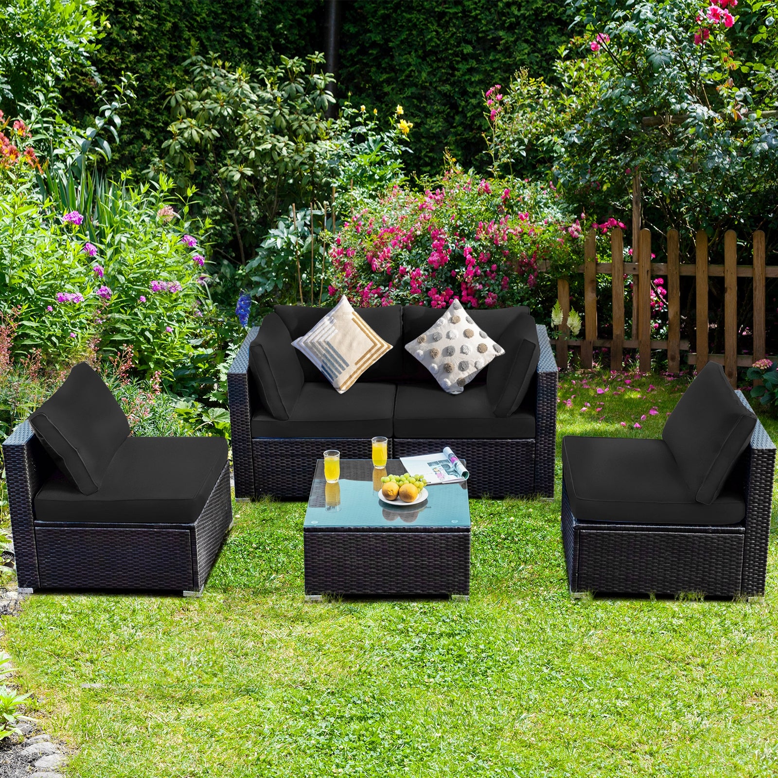 5-Piece Rattan Patio Set, Glass Table, Black - Image 8