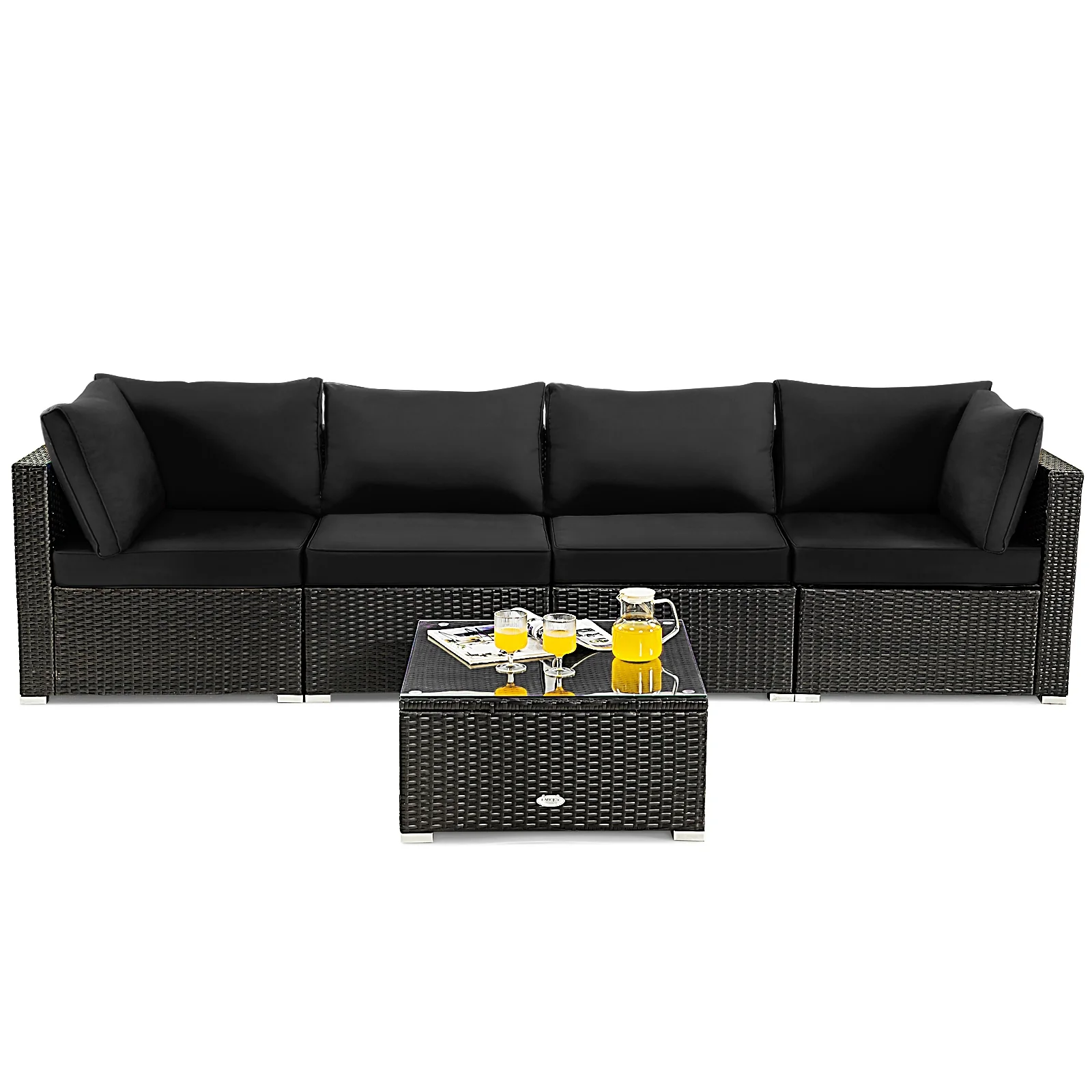 5-Piece Rattan Patio Set, Glass Table, Black - Image 9