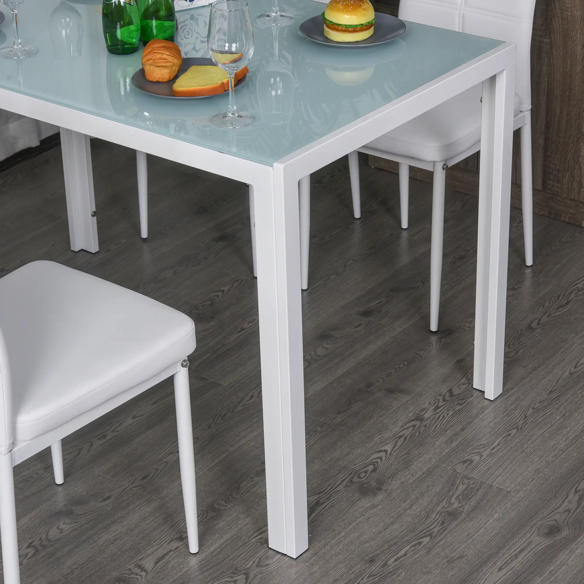 5-Piece Rectangular Glass Kitchen Table, Metal Frame, White - Image 13