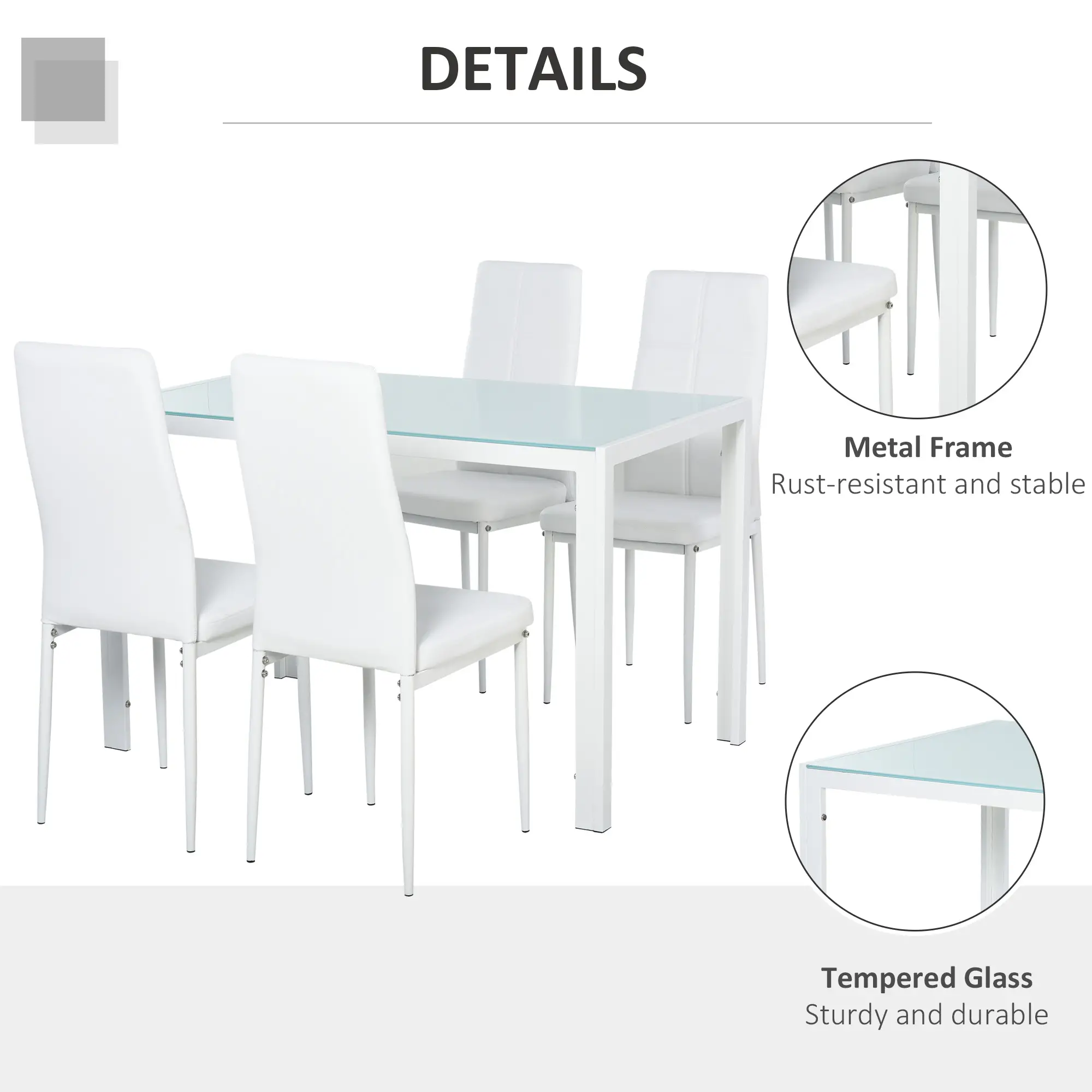 5-Piece Rectangular Glass Kitchen Table, Metal Frame, White - Image 7