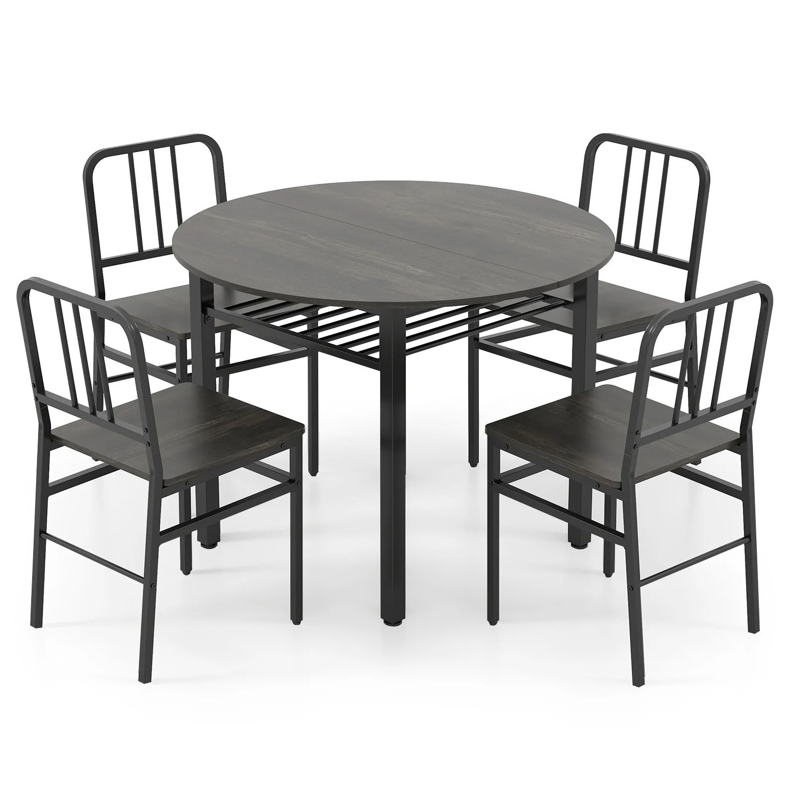 5-Piece Round Dining Table Set, Storage Shelf, Gray - Image 4