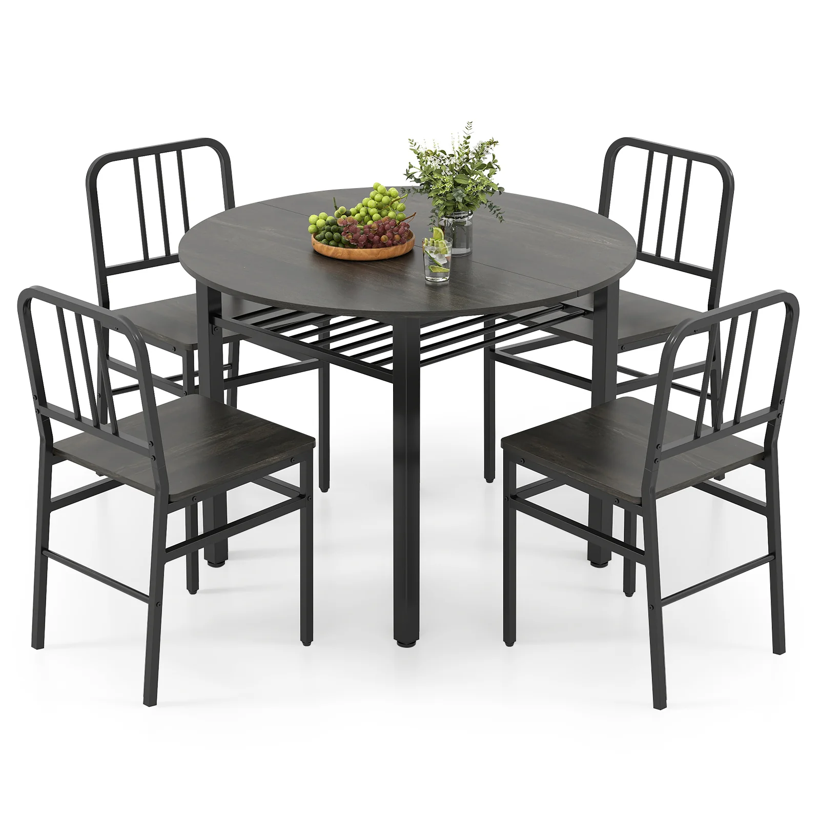 5-Piece Round Dining Table Set, Storage Shelf, Gray - Image 5