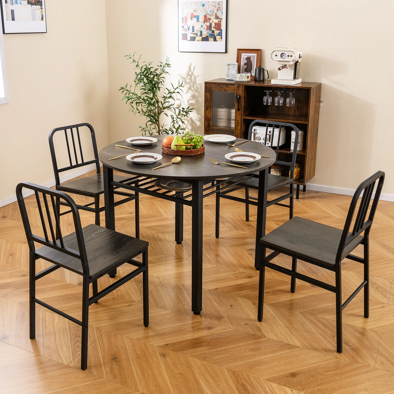 5-Piece Round Dining Table Set, Storage Shelf, Gray - Image 7