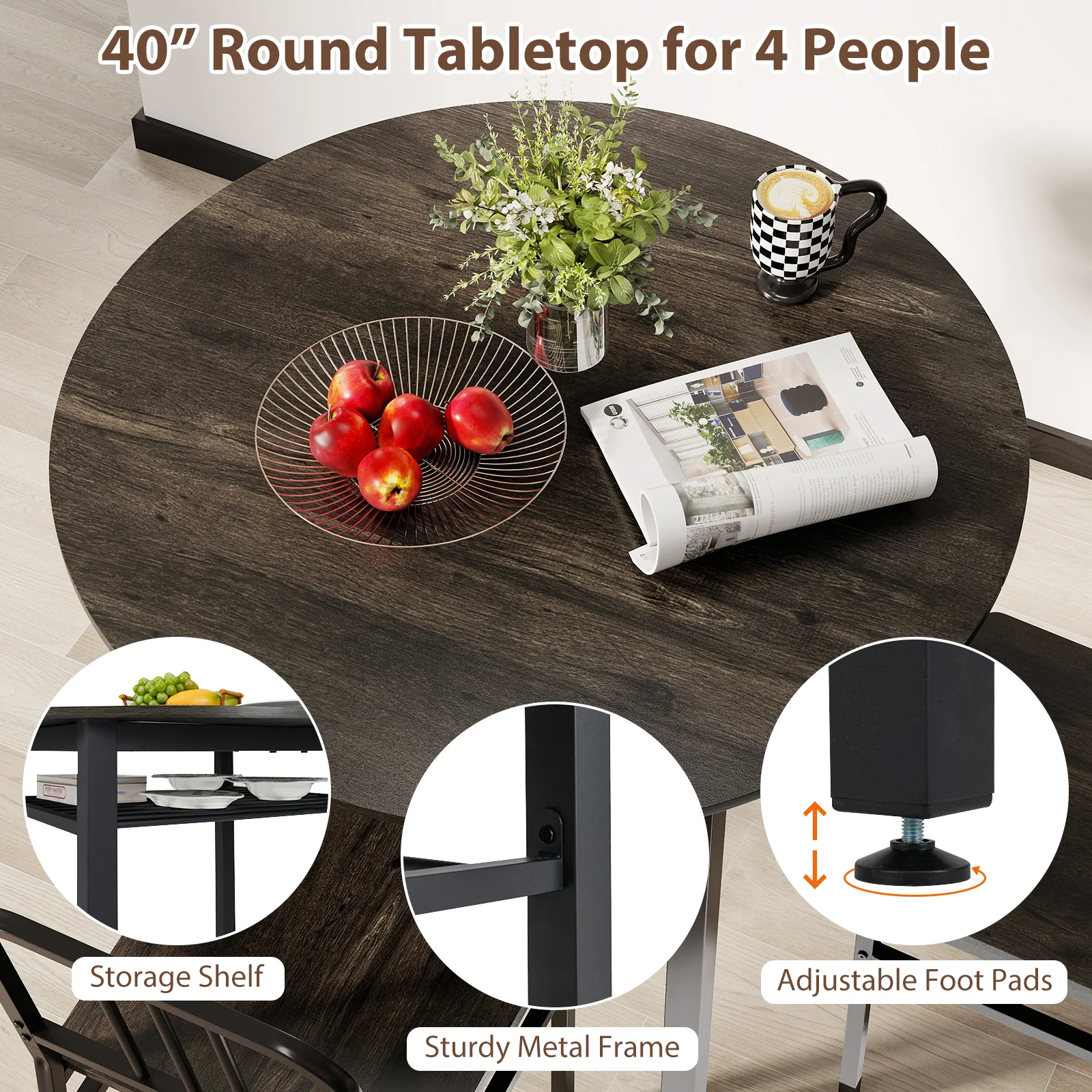 5-Piece Round Dining Table Set, Storage Shelf, Gray - Image 9