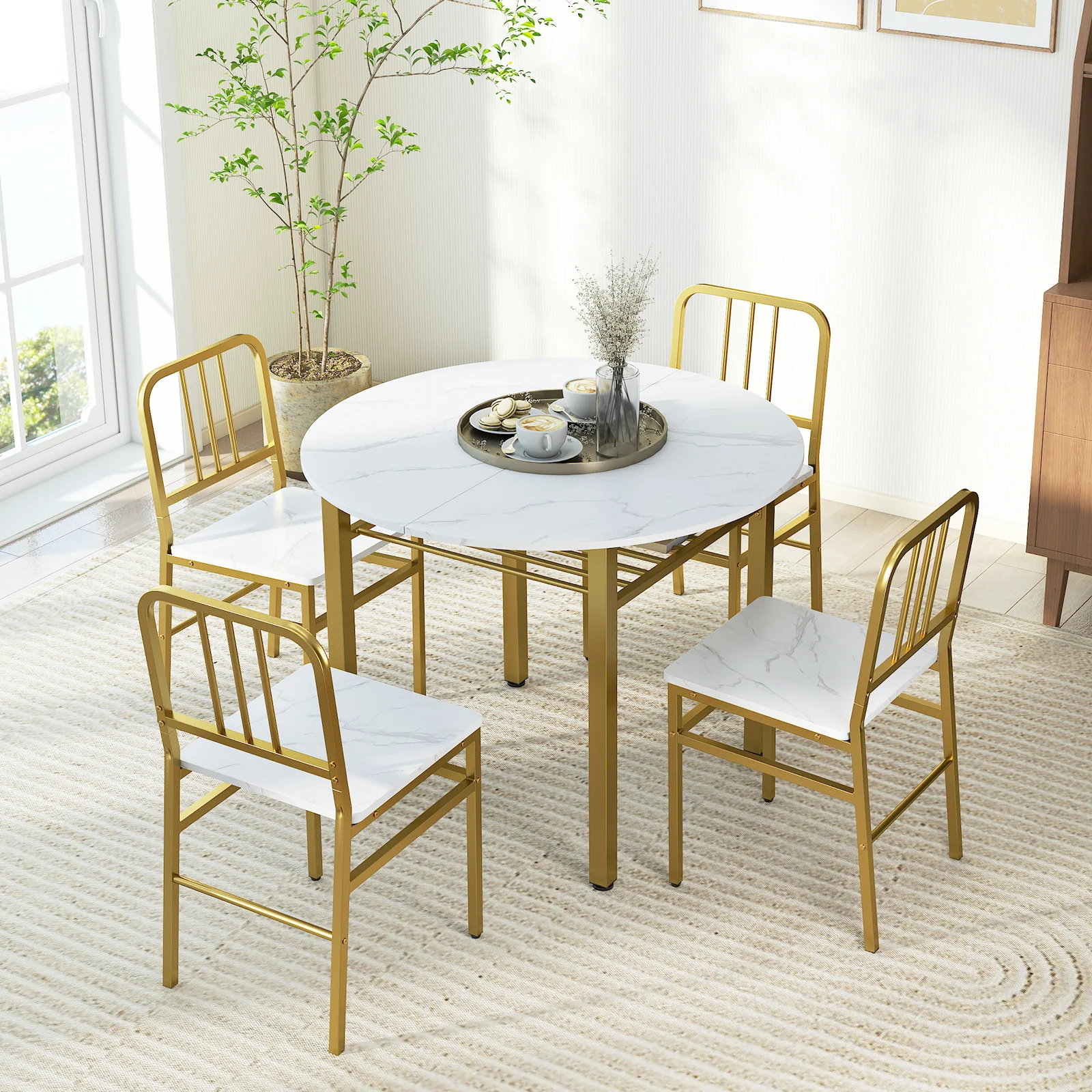 5-Piece Round Dining Table Set, With Storage Shelf, White - Image 2