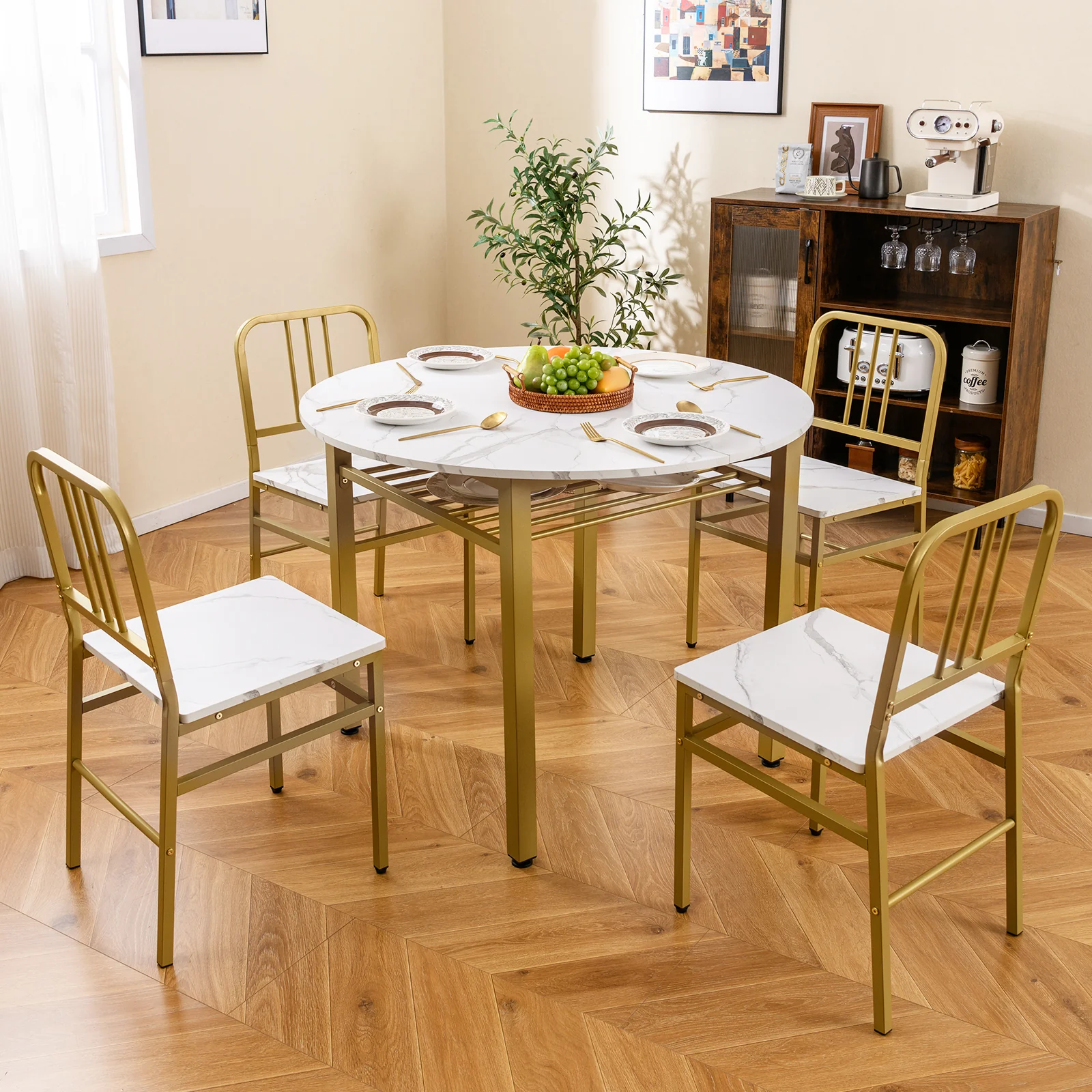 5-Piece Round Dining Table Set, With Storage Shelf, White - Image 3