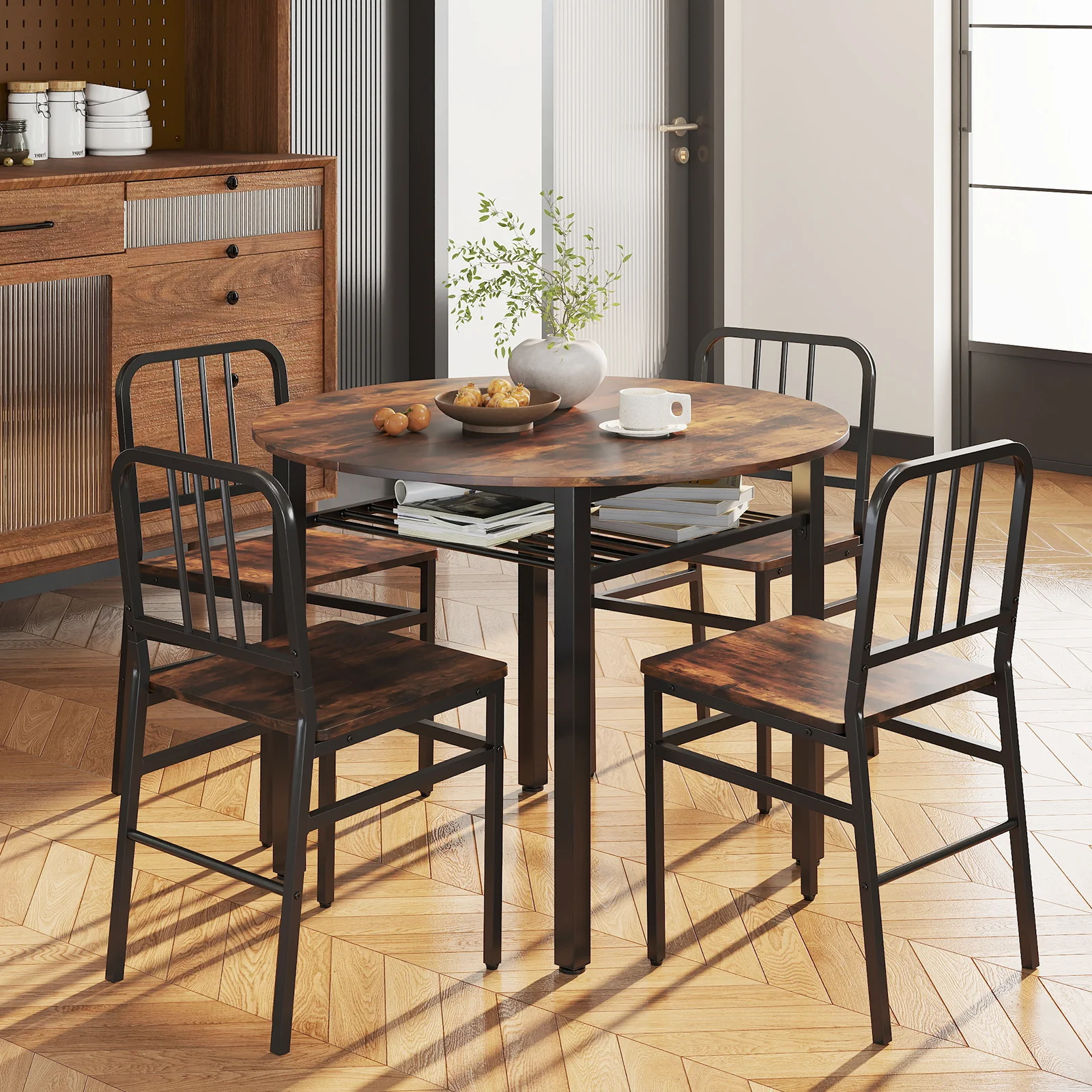 5-Piece Round Dining Table Set With Storage Shelf, Brown - Image 2