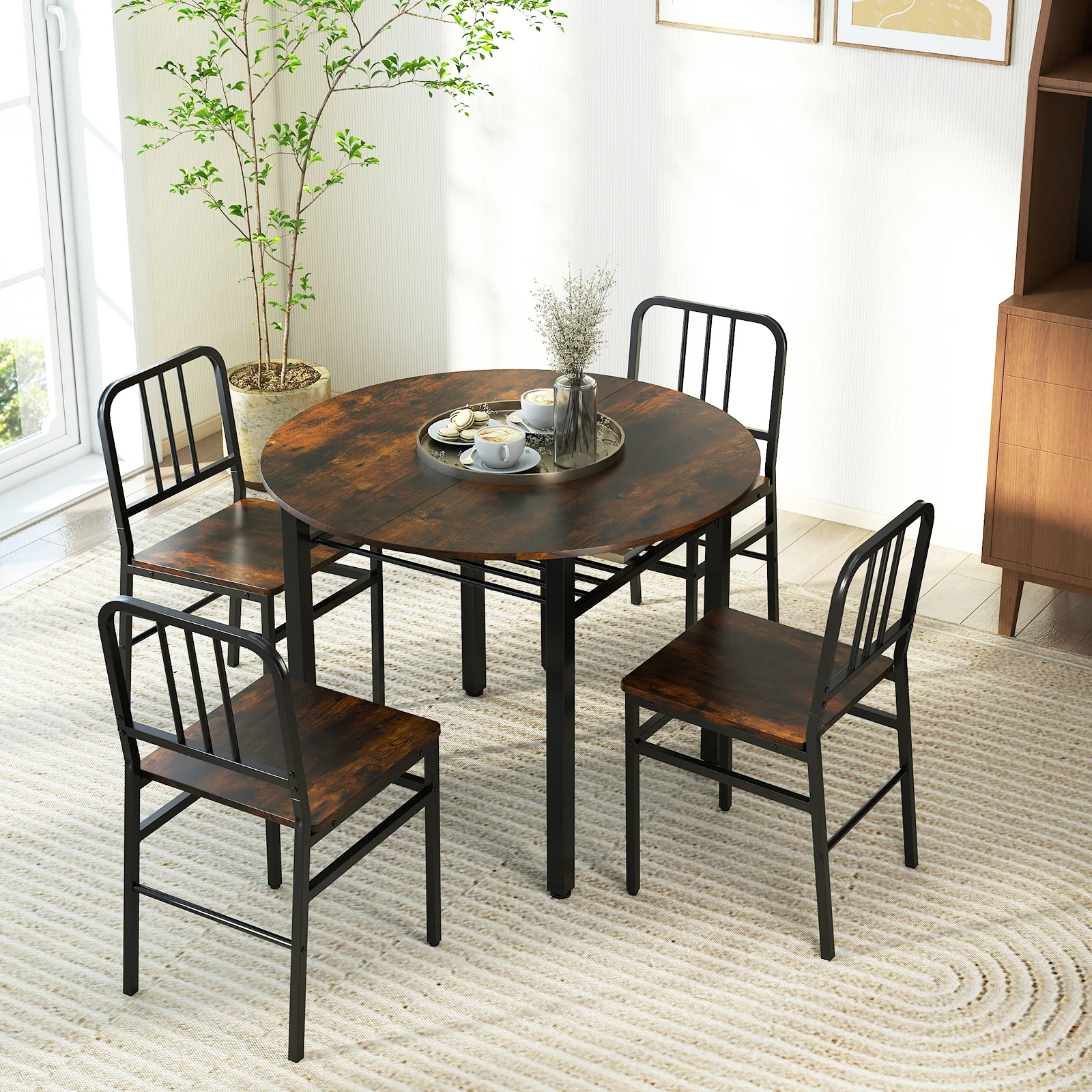 5-Piece Round Dining Table Set With Storage Shelf, Brown - Image 3
