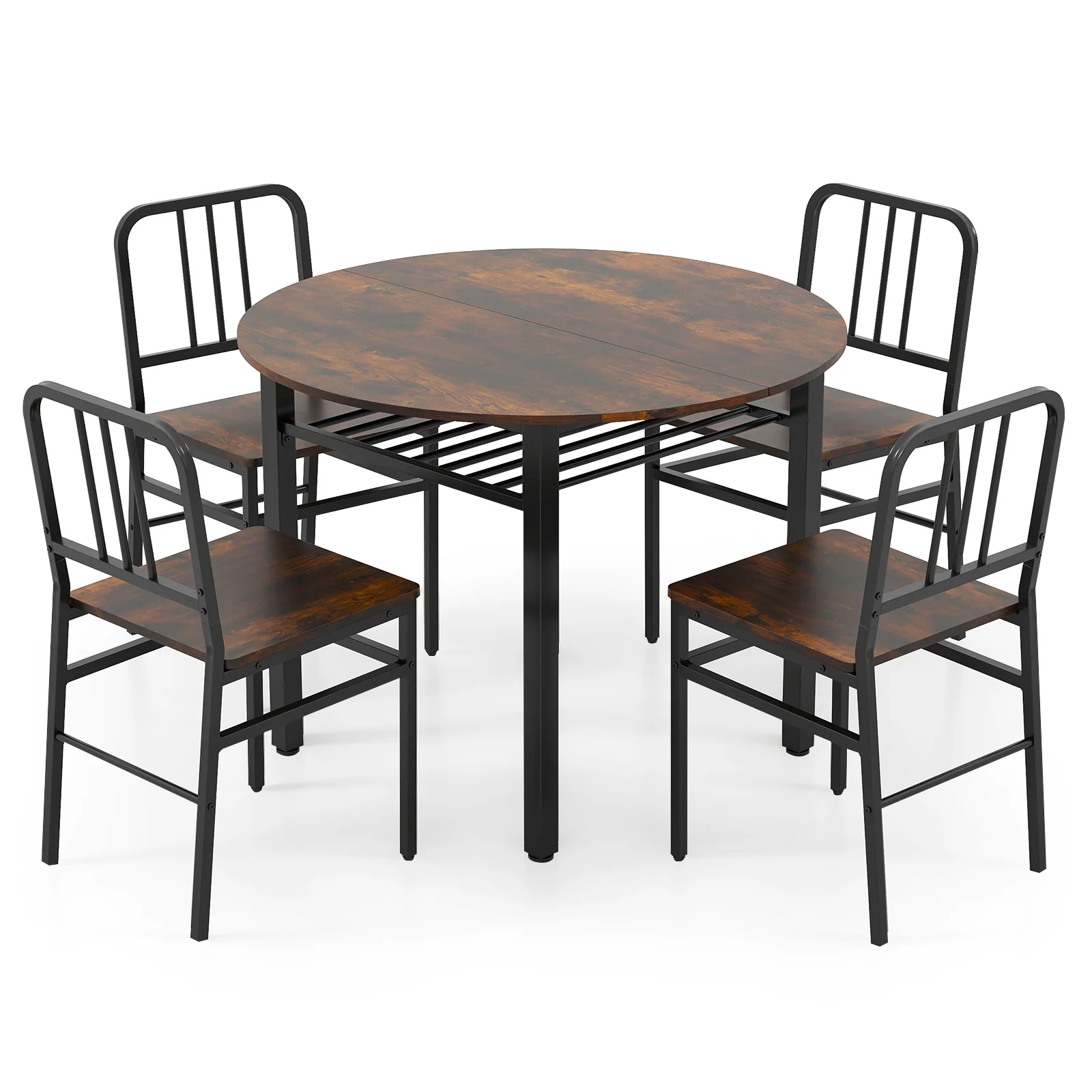 5-Piece Round Dining Table Set With Storage Shelf, Brown - Image 4