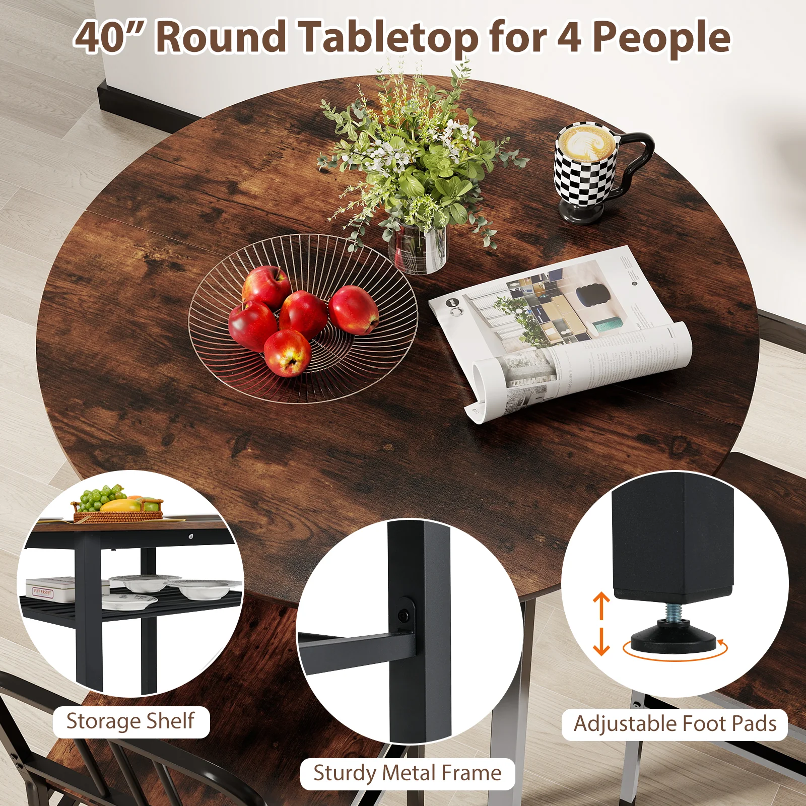 5-Piece Round Dining Table Set With Storage Shelf, Brown - Image 9