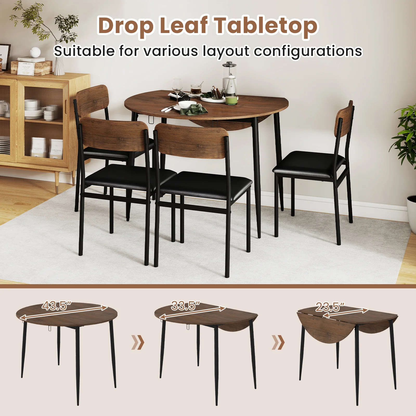 5-Piece Round Kitchen Table Set with Drop Leaf Tabletop and 4 Upholstered Dining Chairs, Brown - Image 10
