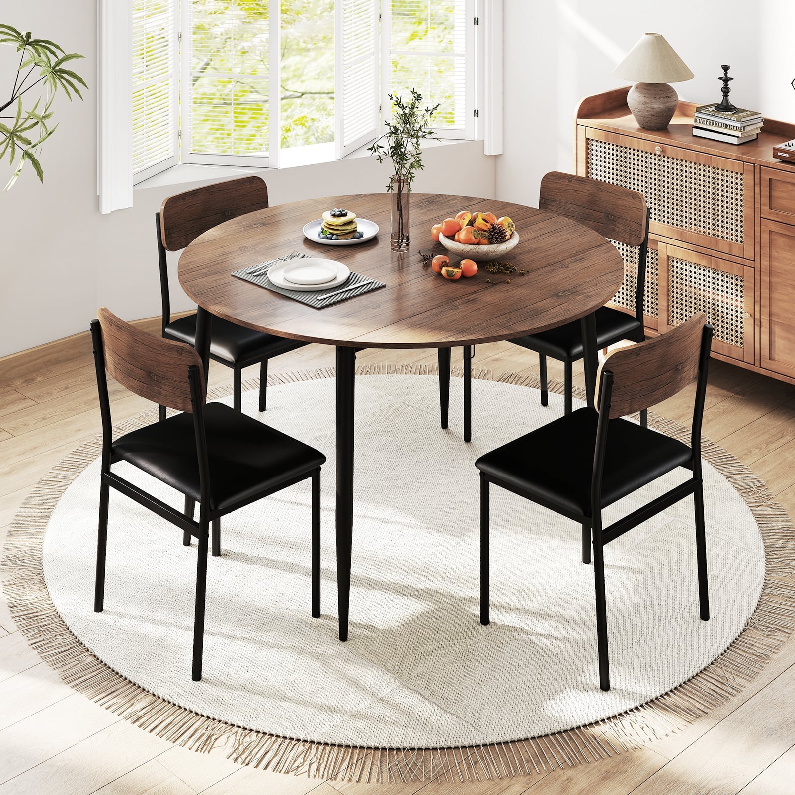 5-Piece Round Kitchen Table Set with Drop Leaf Tabletop and 4 Upholstered Dining Chairs, Brown - Image 2