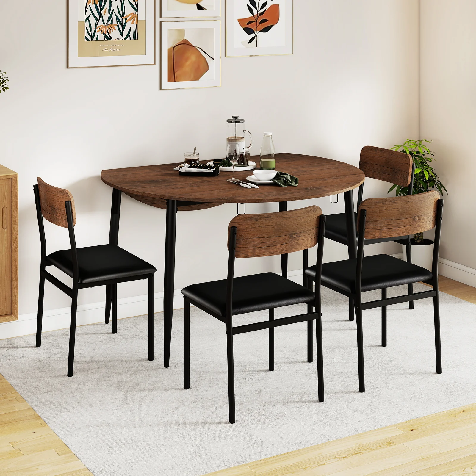 5-Piece Round Kitchen Table Set with Drop Leaf Tabletop and 4 Upholstered Dining Chairs, Brown - Image 3