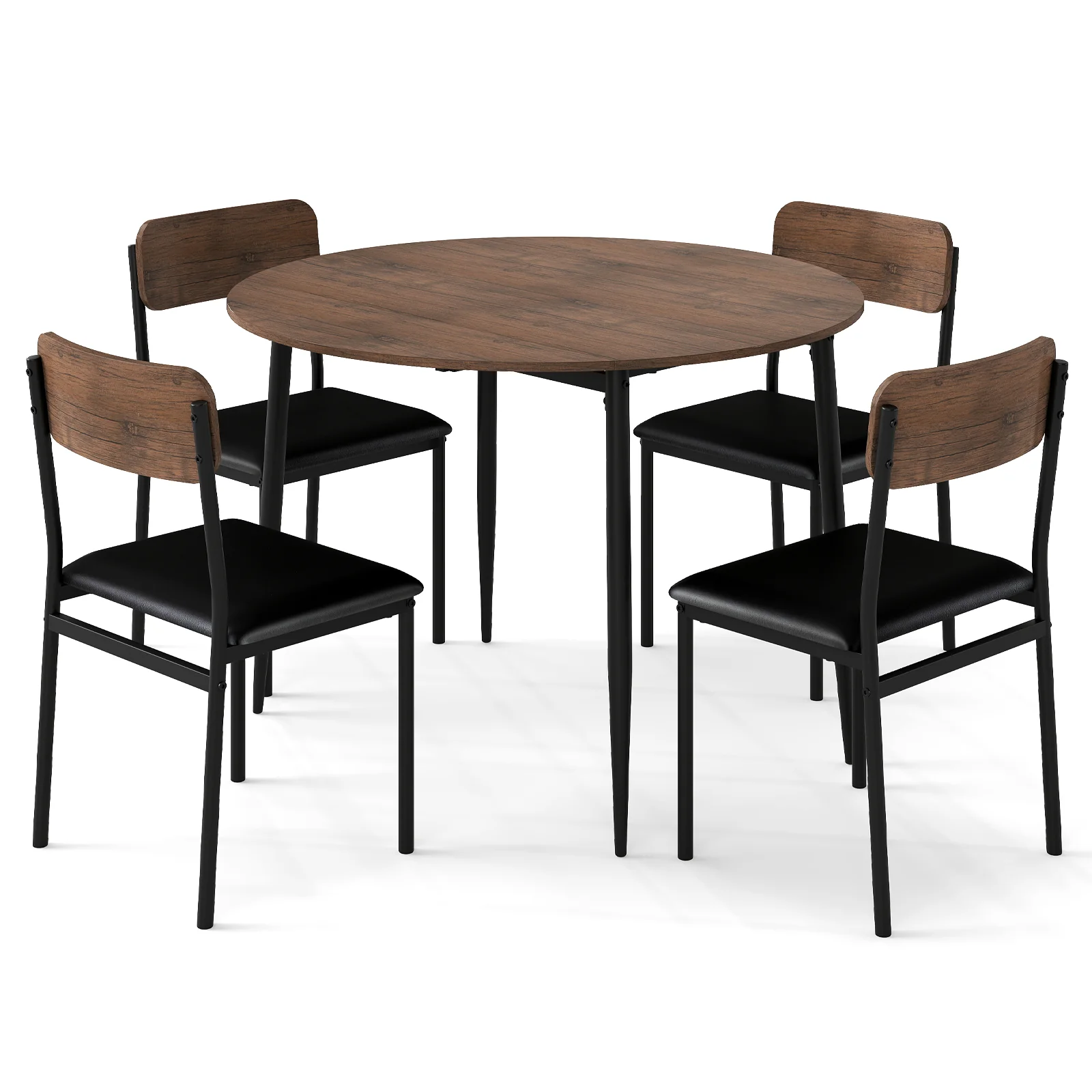 5-Piece Round Kitchen Table Set with Drop Leaf Tabletop and 4 Upholstered Dining Chairs, Brown - Image 4