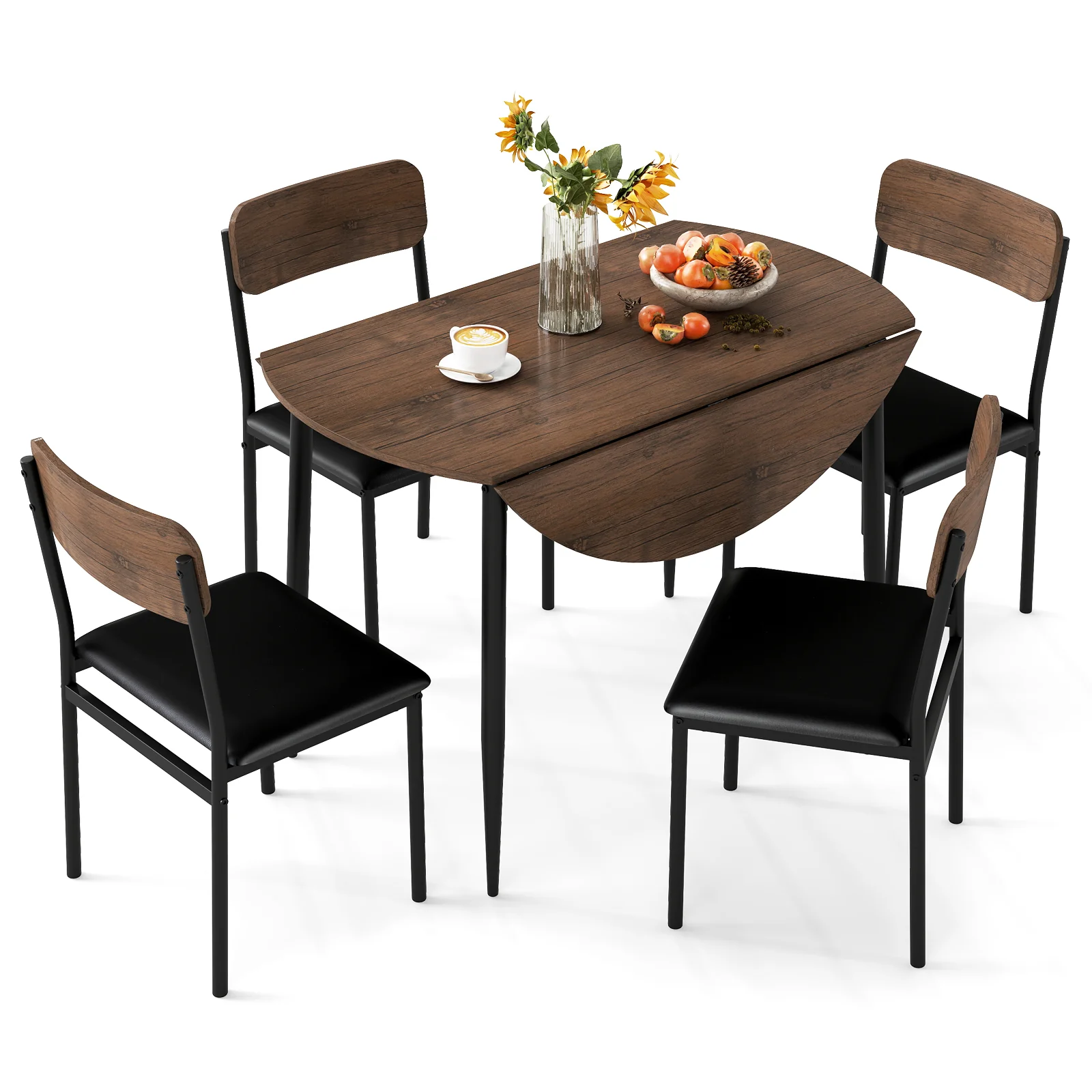 5-Piece Round Kitchen Table Set with Drop Leaf Tabletop and 4 Upholstered Dining Chairs, Brown - Image 5