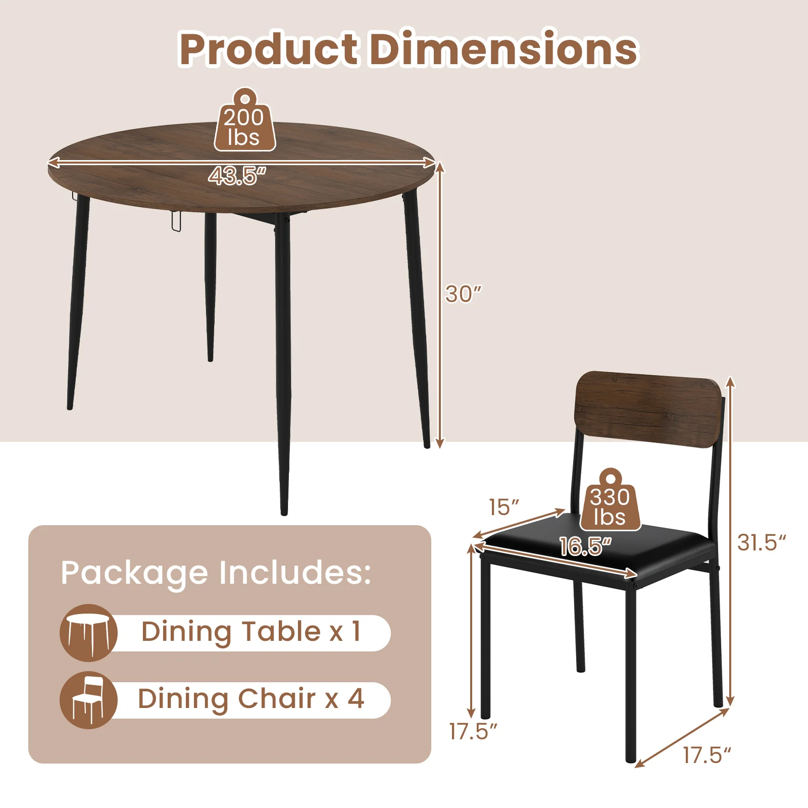 5-Piece Round Kitchen Table Set with Drop Leaf Tabletop and 4 Upholstered Dining Chairs, Brown - Image 6