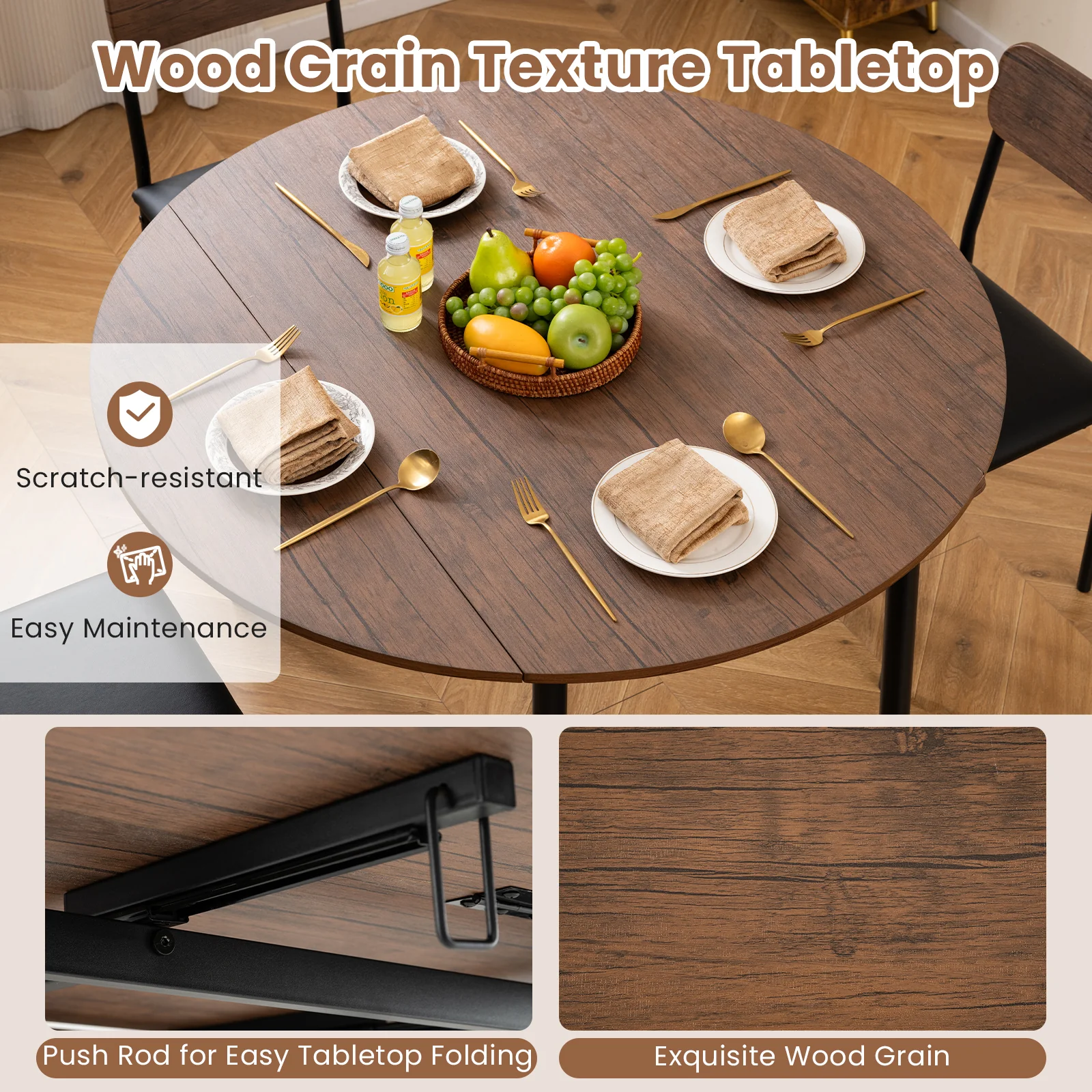 5-Piece Round Kitchen Table Set with Drop Leaf Tabletop and 4 Upholstered Dining Chairs, Brown - Image 7