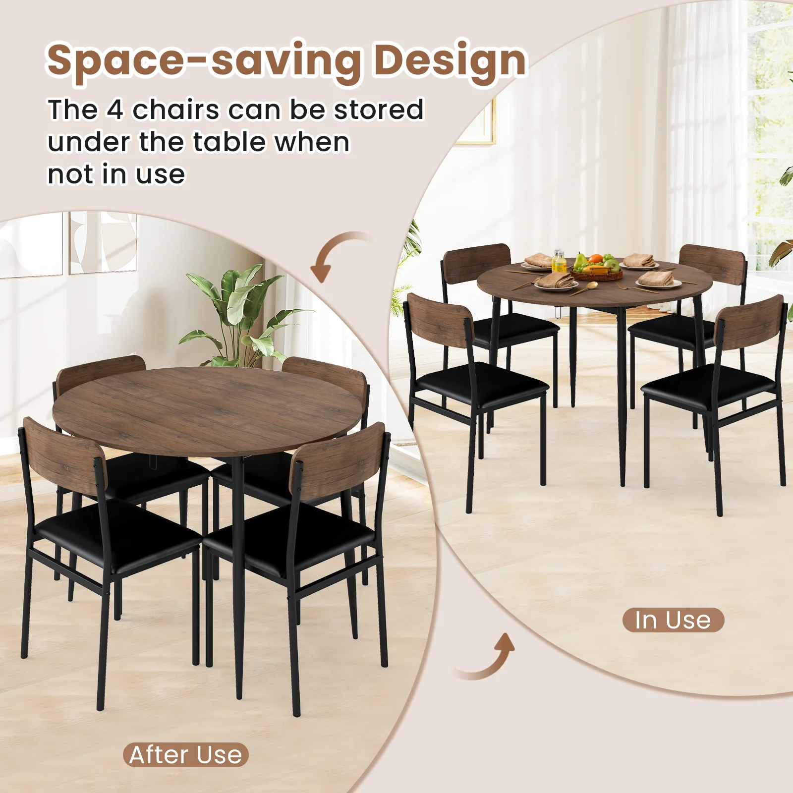 5-Piece Round Kitchen Table Set with Drop Leaf Tabletop and 4 Upholstered Dining Chairs, Brown - Image 8
