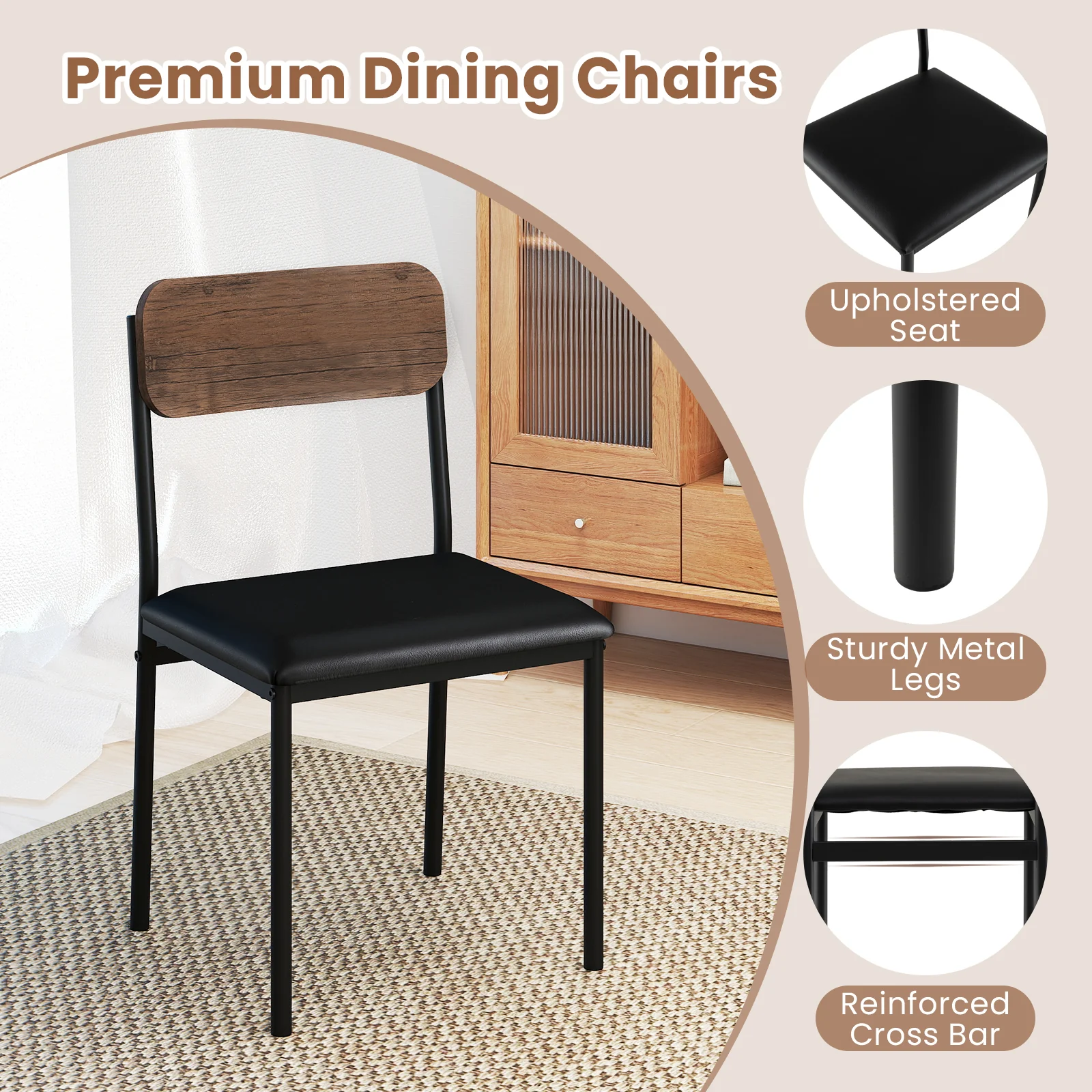 5-Piece Round Kitchen Table Set with Drop Leaf Tabletop and 4 Upholstered Dining Chairs, Brown - Image 9