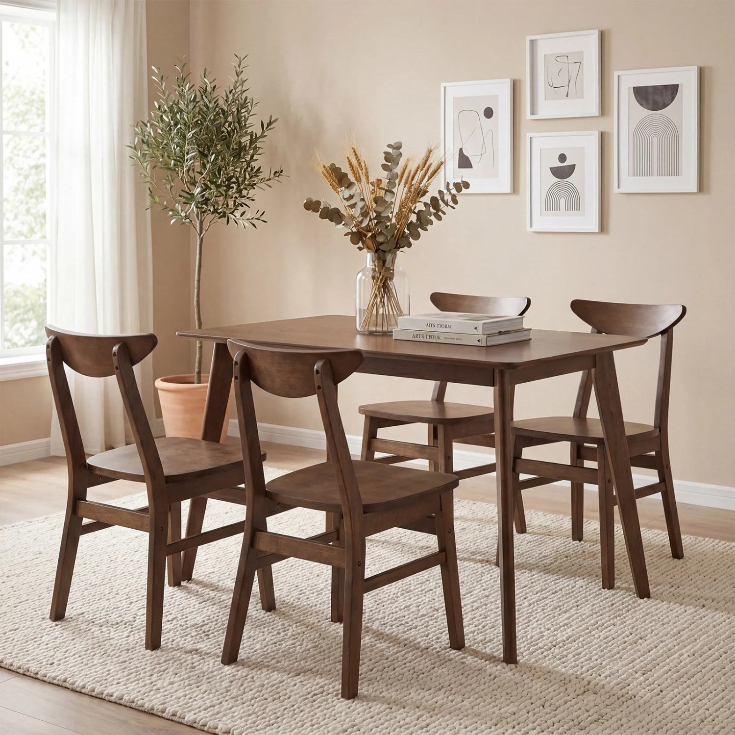 5-Piece Solid Wood Dining Table Set, Walnut - Image 2
