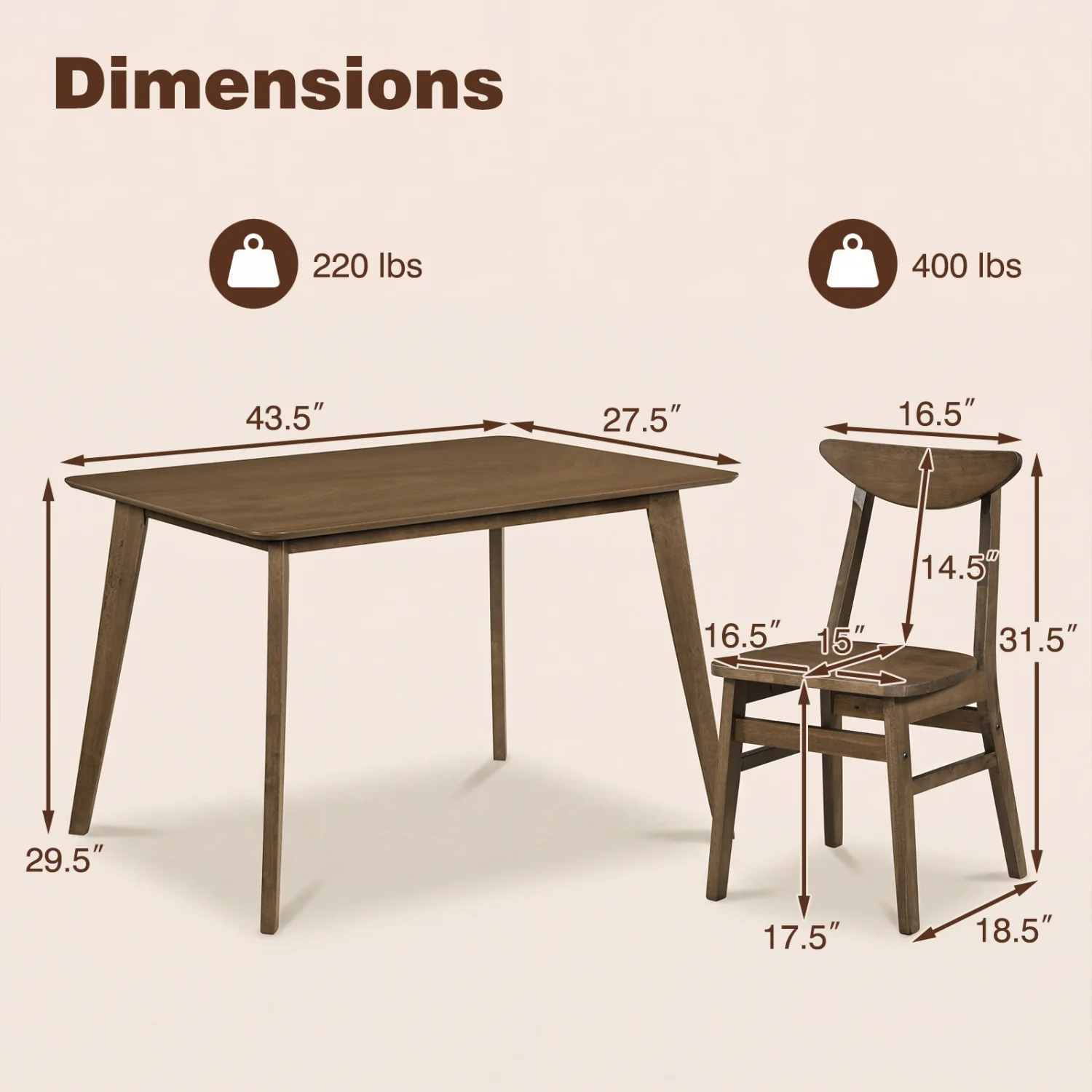 5-Piece Solid Wood Dining Table Set, Walnut - Image 5