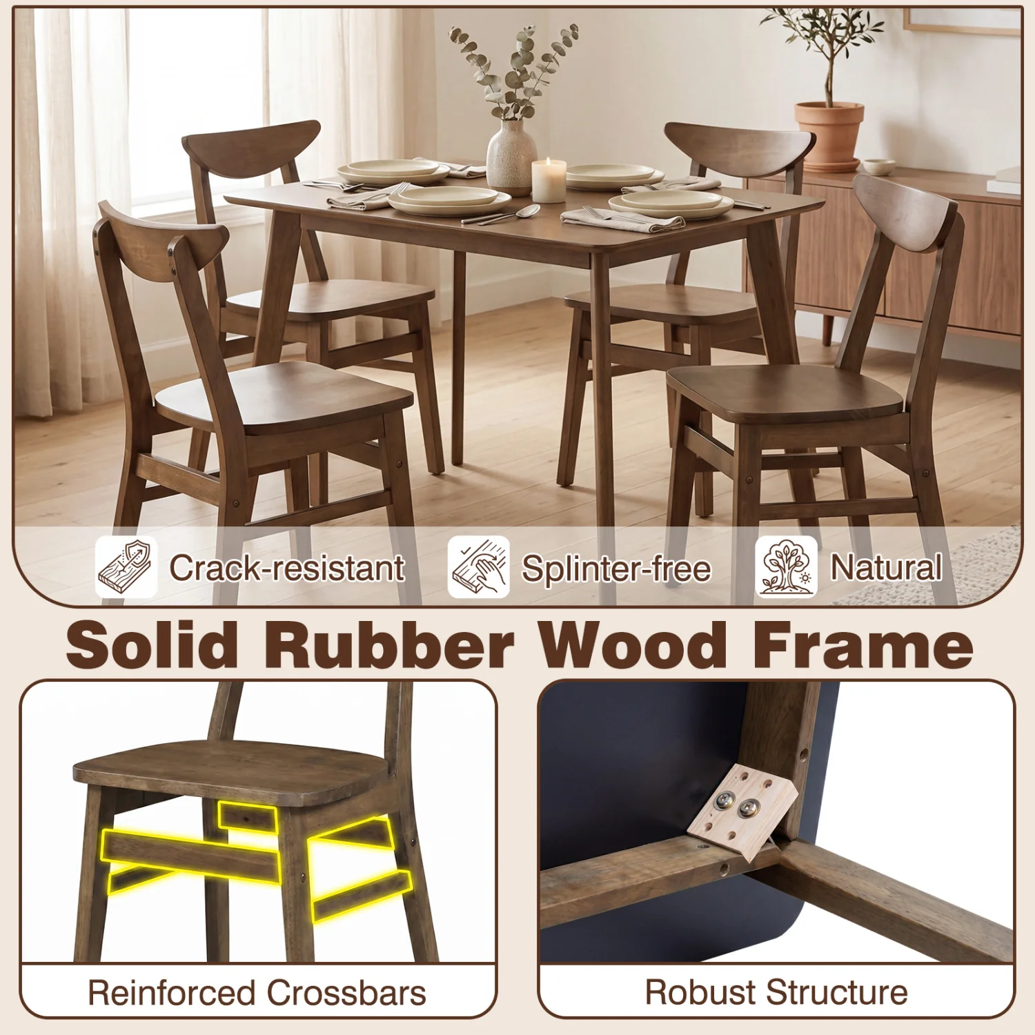 5-Piece Solid Wood Dining Table Set, Walnut - Image 6