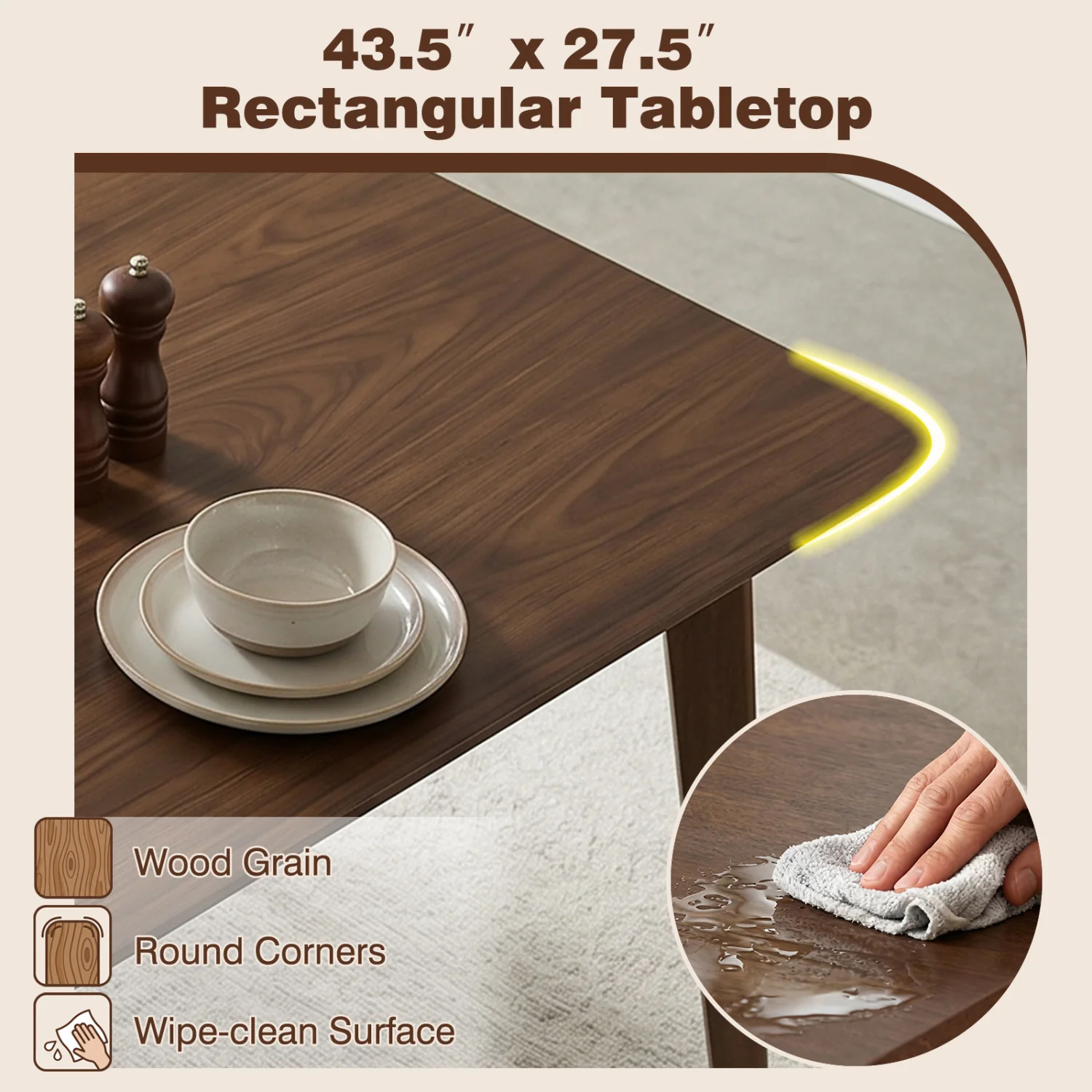 5-Piece Solid Wood Dining Table Set, Walnut - Image 8