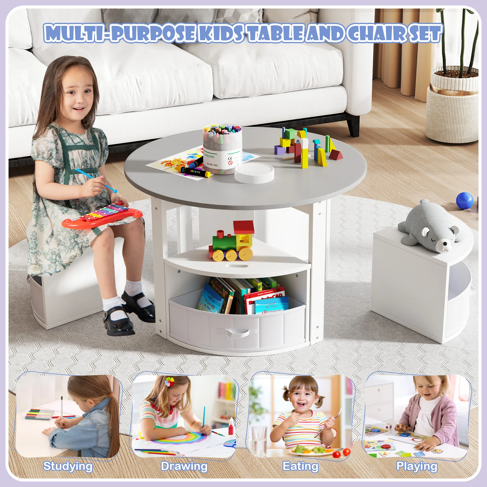 5 Piece Toddler Round Nesting Table with 4 Storage Stools for Activity-Grey, Gray - Image 10