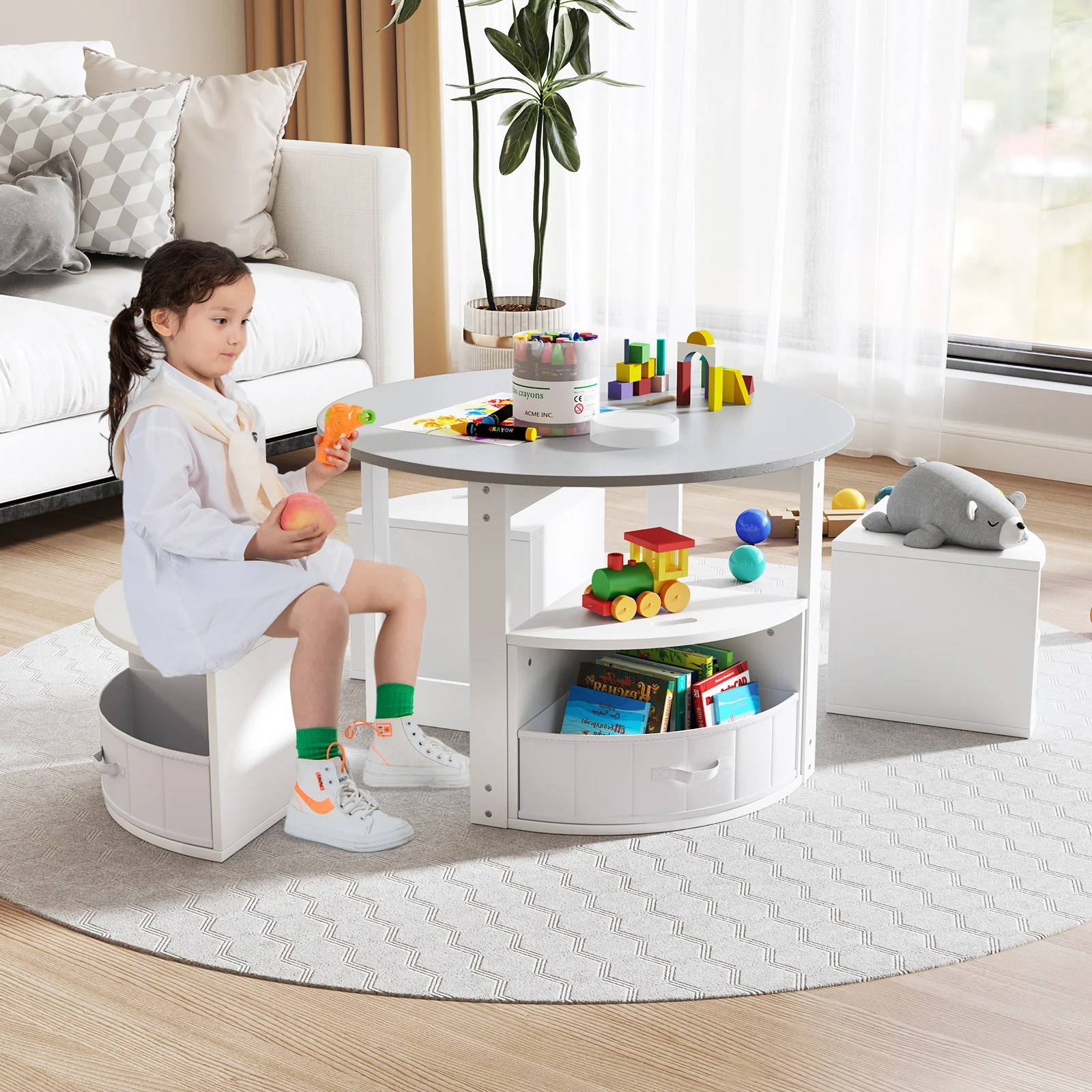 5 Piece Toddler Round Nesting Table with 4 Storage Stools for Activity-Grey, Gray - Image 2