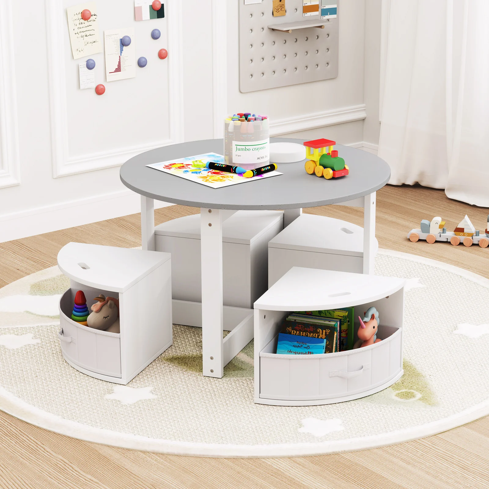5 Piece Toddler Round Nesting Table with 4 Storage Stools for Activity-Grey, Gray - Image 3