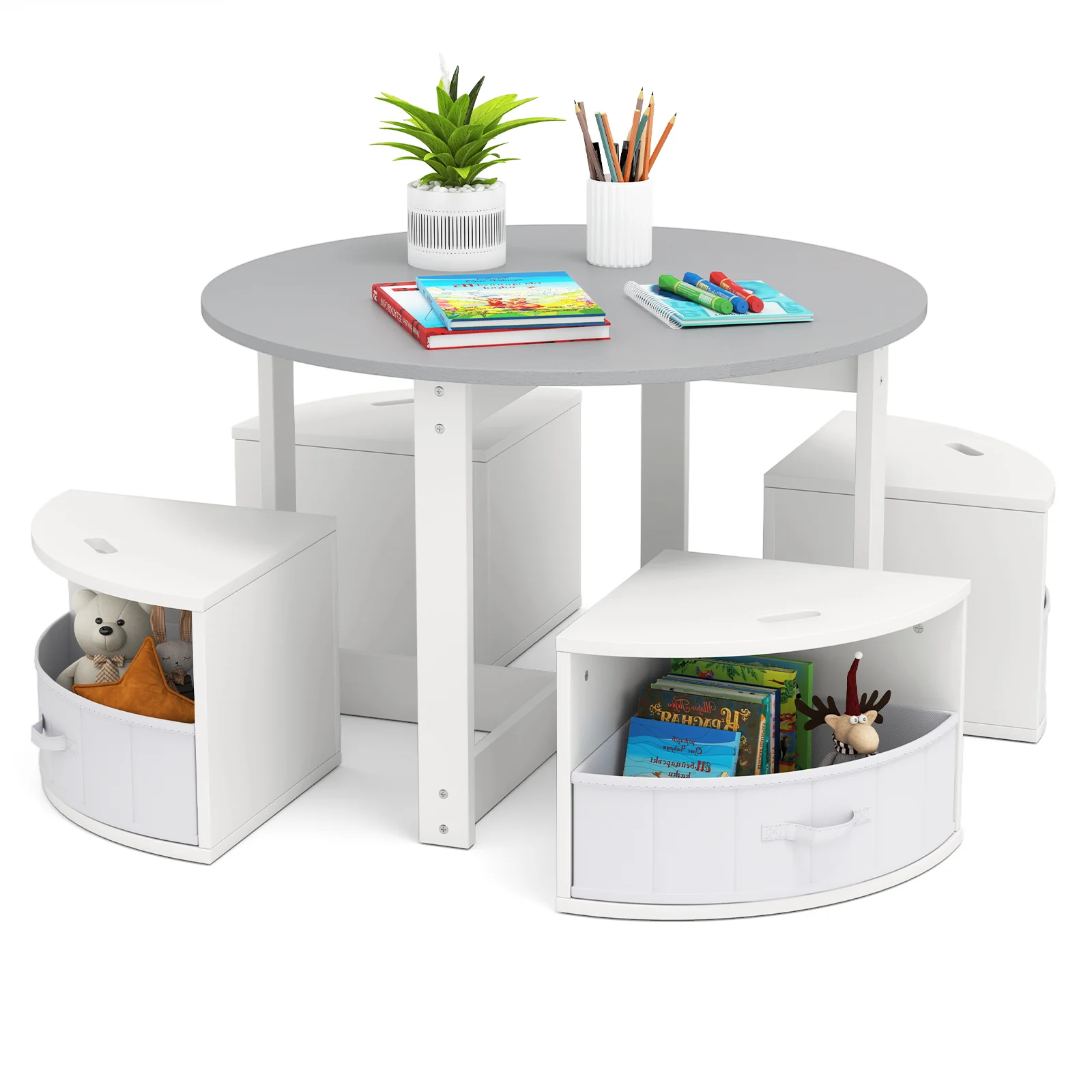 5 Piece Toddler Round Nesting Table with 4 Storage Stools for Activity-Grey, Gray - Image 4
