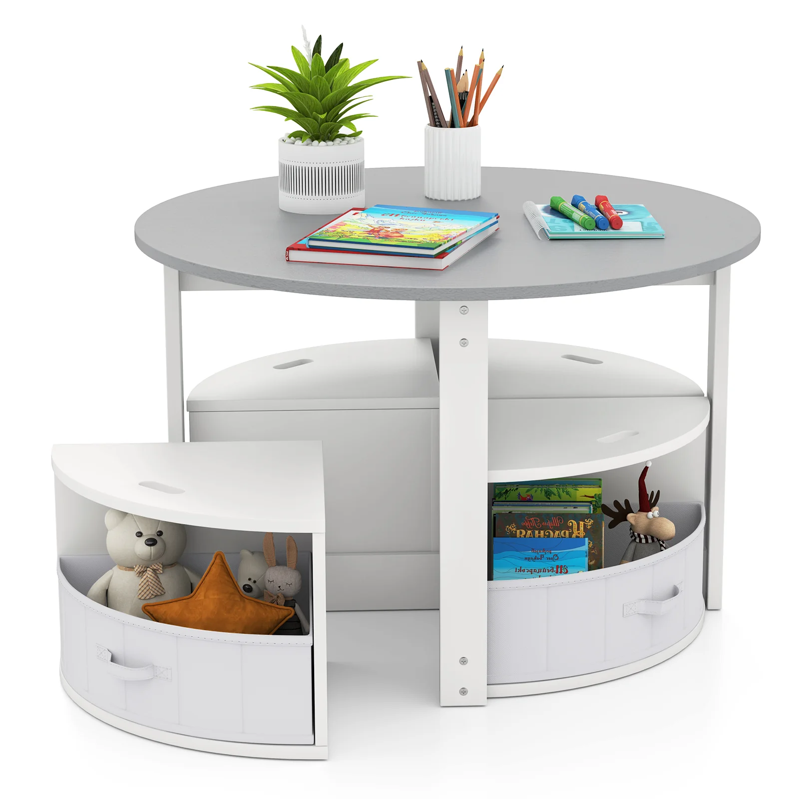 5 Piece Toddler Round Nesting Table with 4 Storage Stools for Activity-Grey, Gray - Image 5