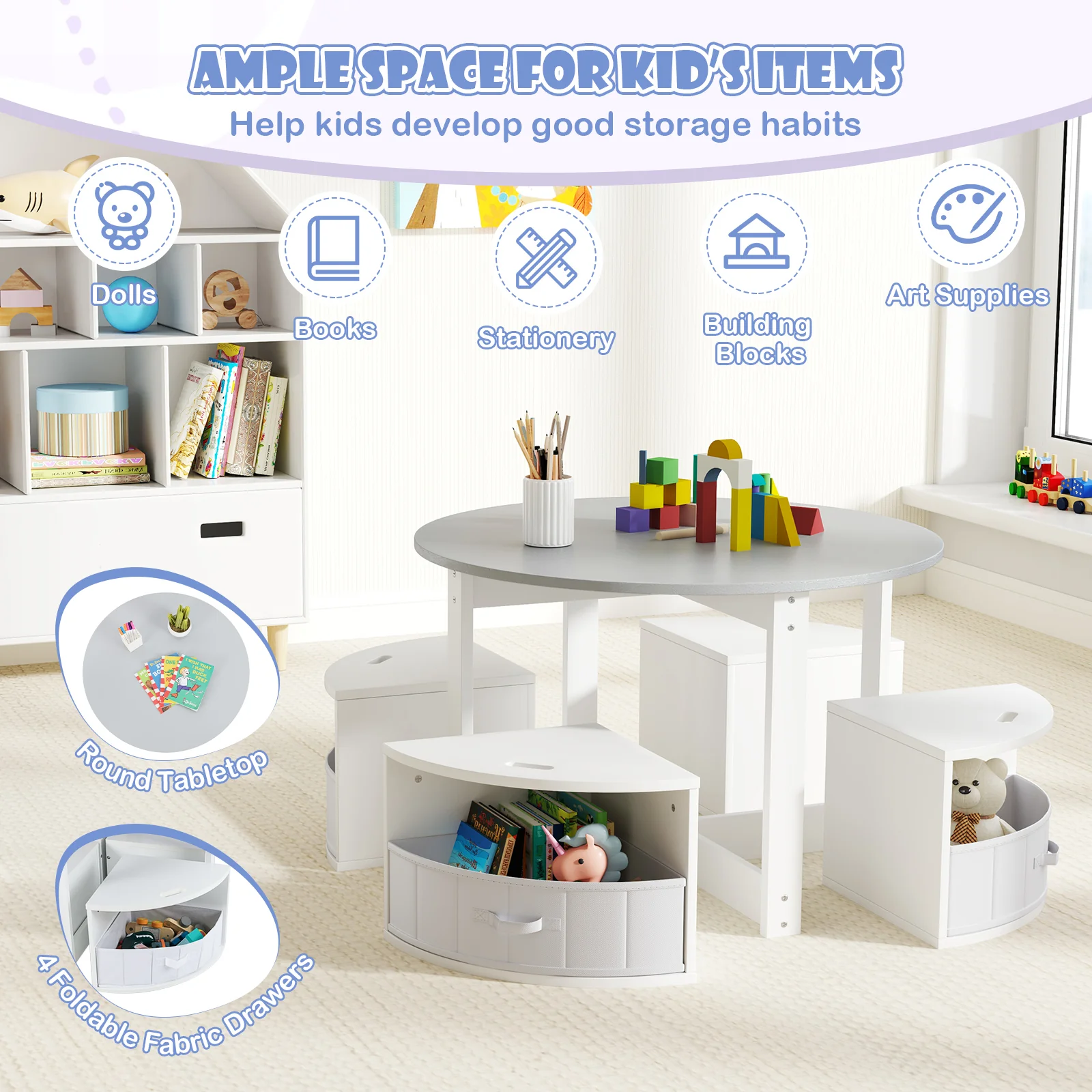 5 Piece Toddler Round Nesting Table with 4 Storage Stools for Activity-Grey, Gray - Image 6