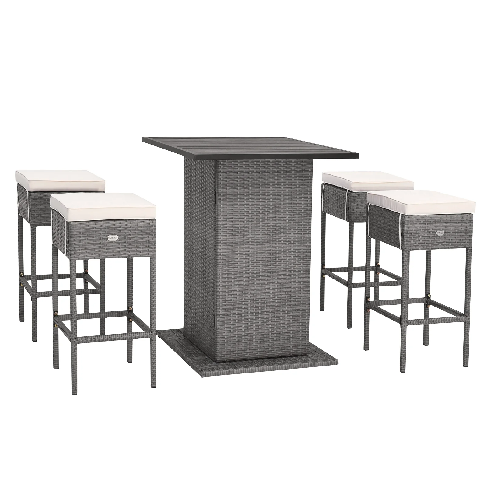 5 Piece Wicker Bar Table Set, Hidden Storage Shelves, Beige