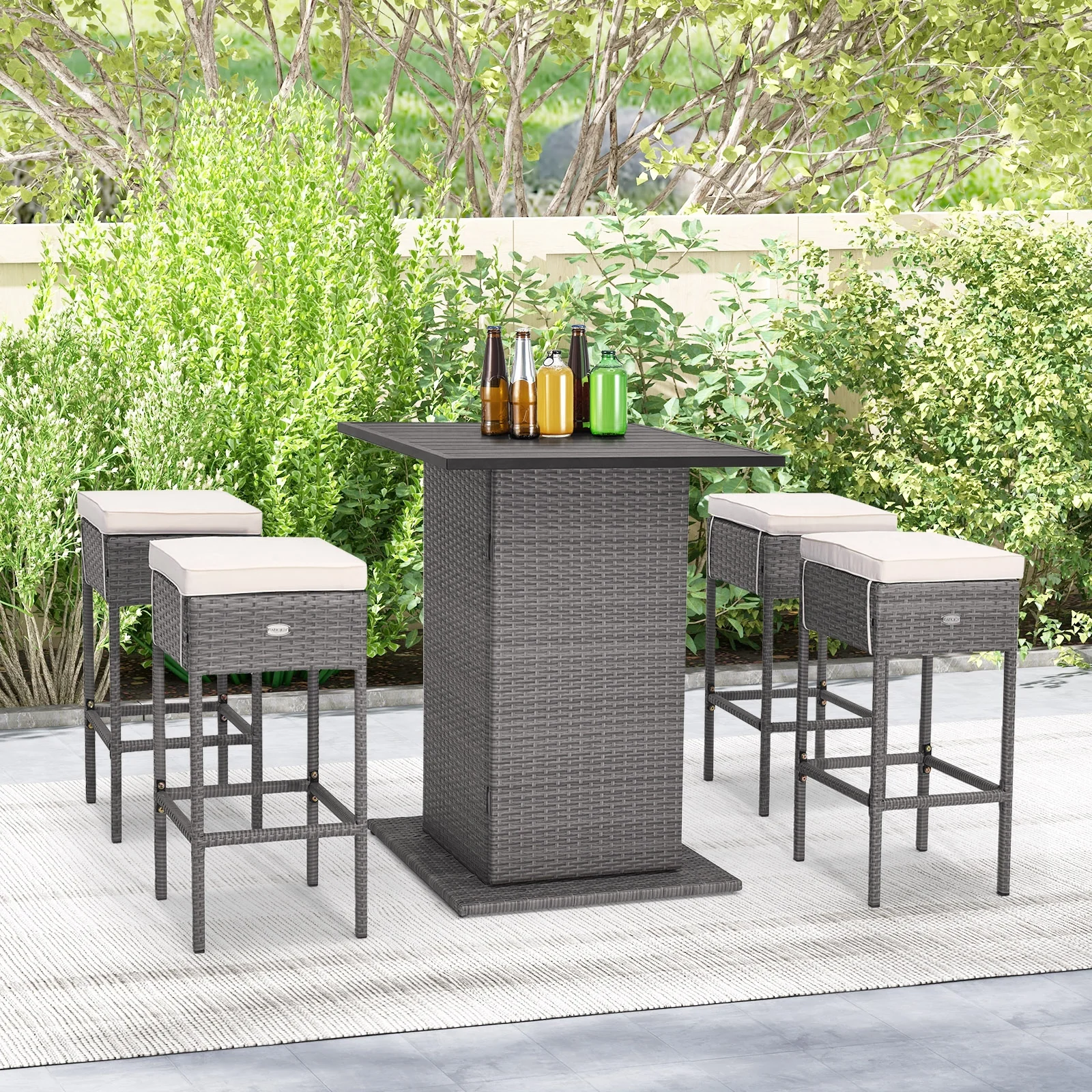 5 Piece Wicker Bar Table Set, Hidden Storage Shelves, Beige - Image 2