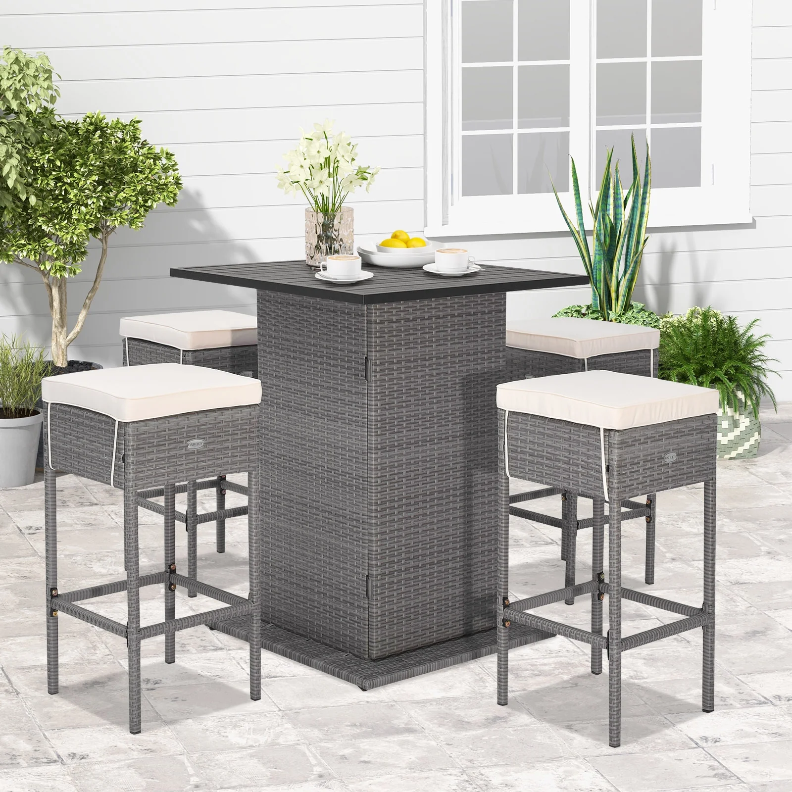 5 Piece Wicker Bar Table Set, Hidden Storage Shelves, Beige - Image 3