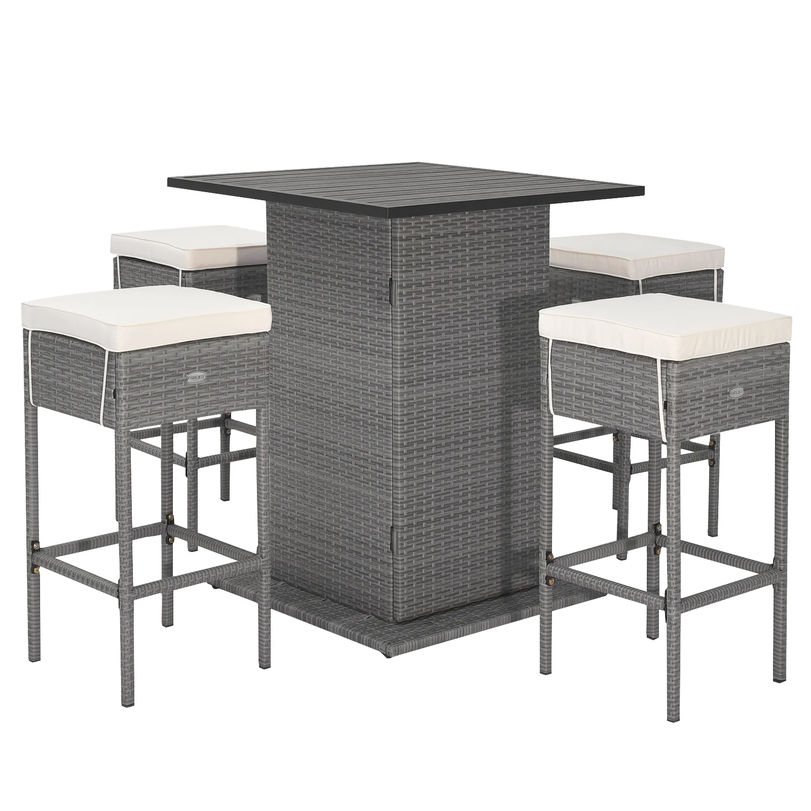 5 Piece Wicker Bar Table Set, Hidden Storage Shelves, Beige - Image 8