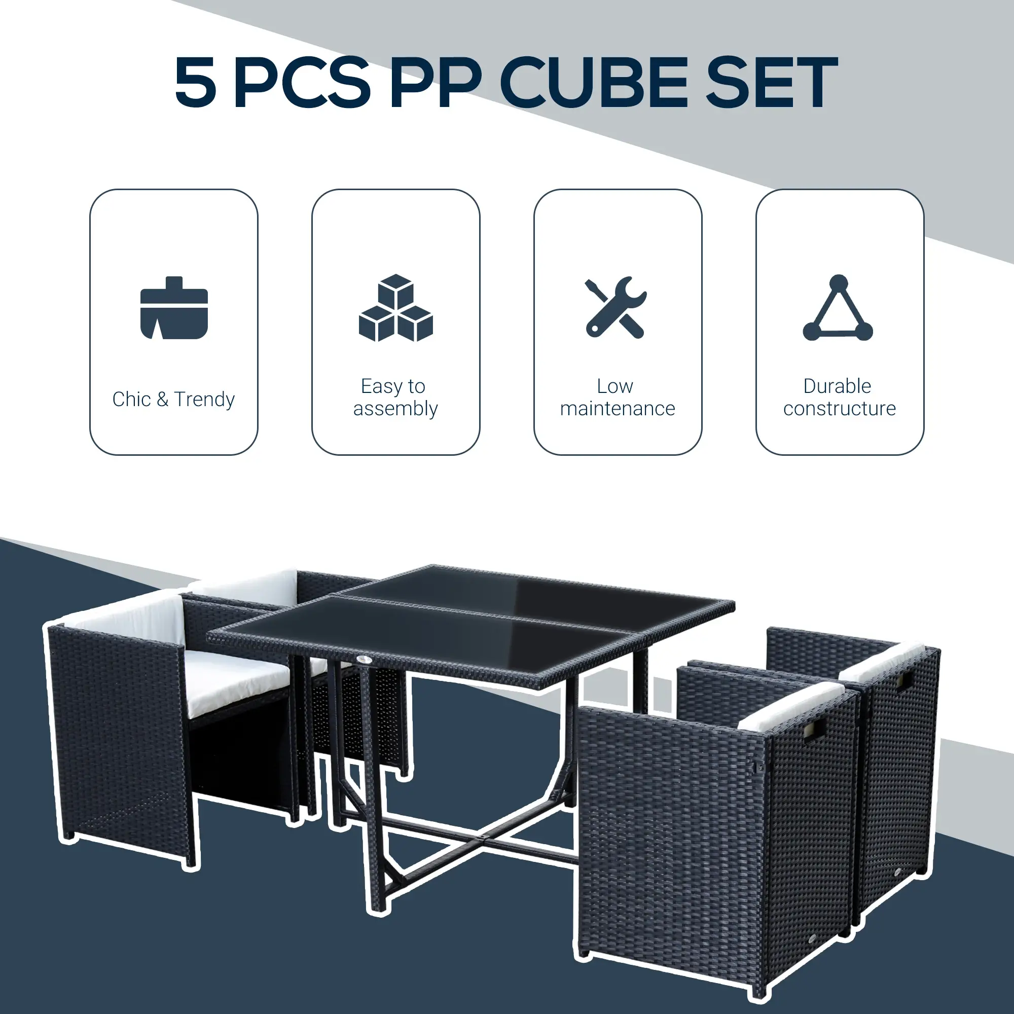 5-Piece Wicker Patio Dining Set, Removable Cushions, Glass Table, Cream - Image 4