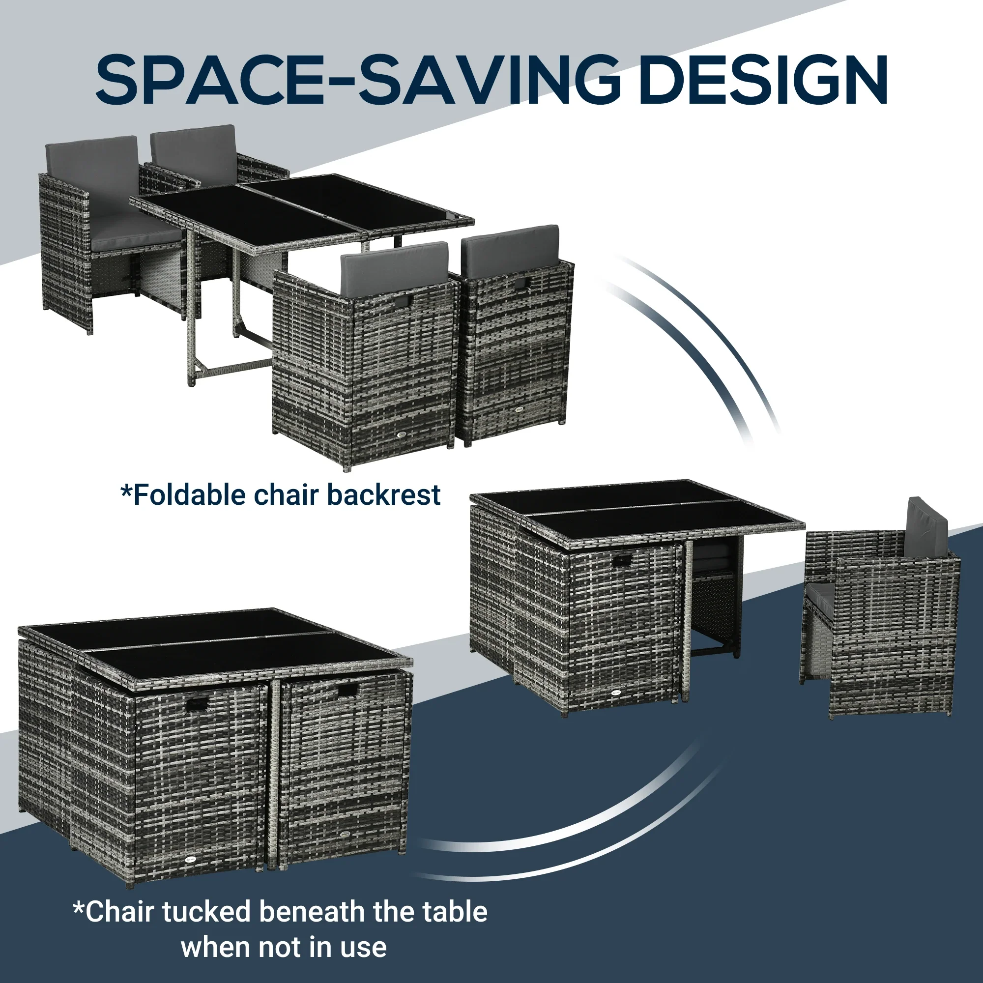 5-Piece Wicker Patio Dining Set, Removable Cushions, Glass Table, Grey - Image 6