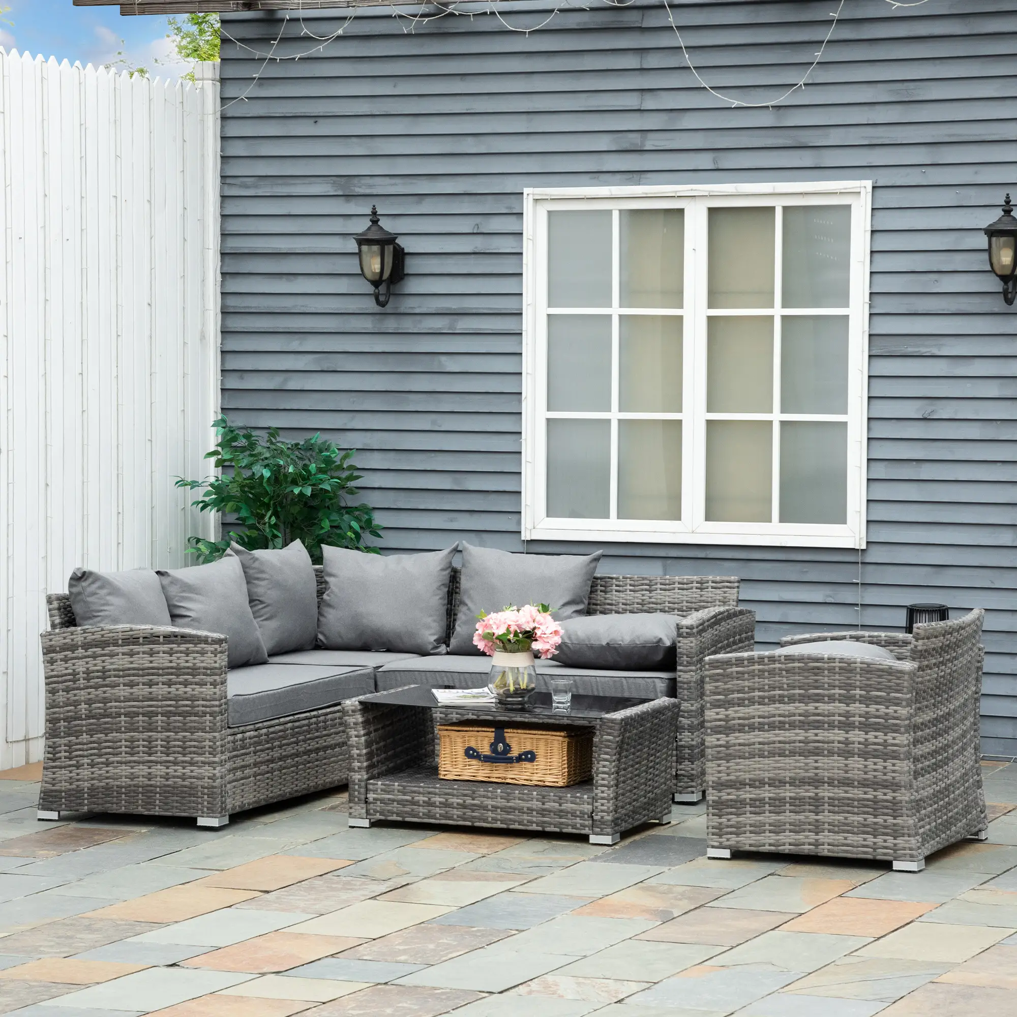 5-Piece Wicker Patio Set, 4" Thick Cushions, Outdoor PE Rattan Sofa, Grey - Image 2
