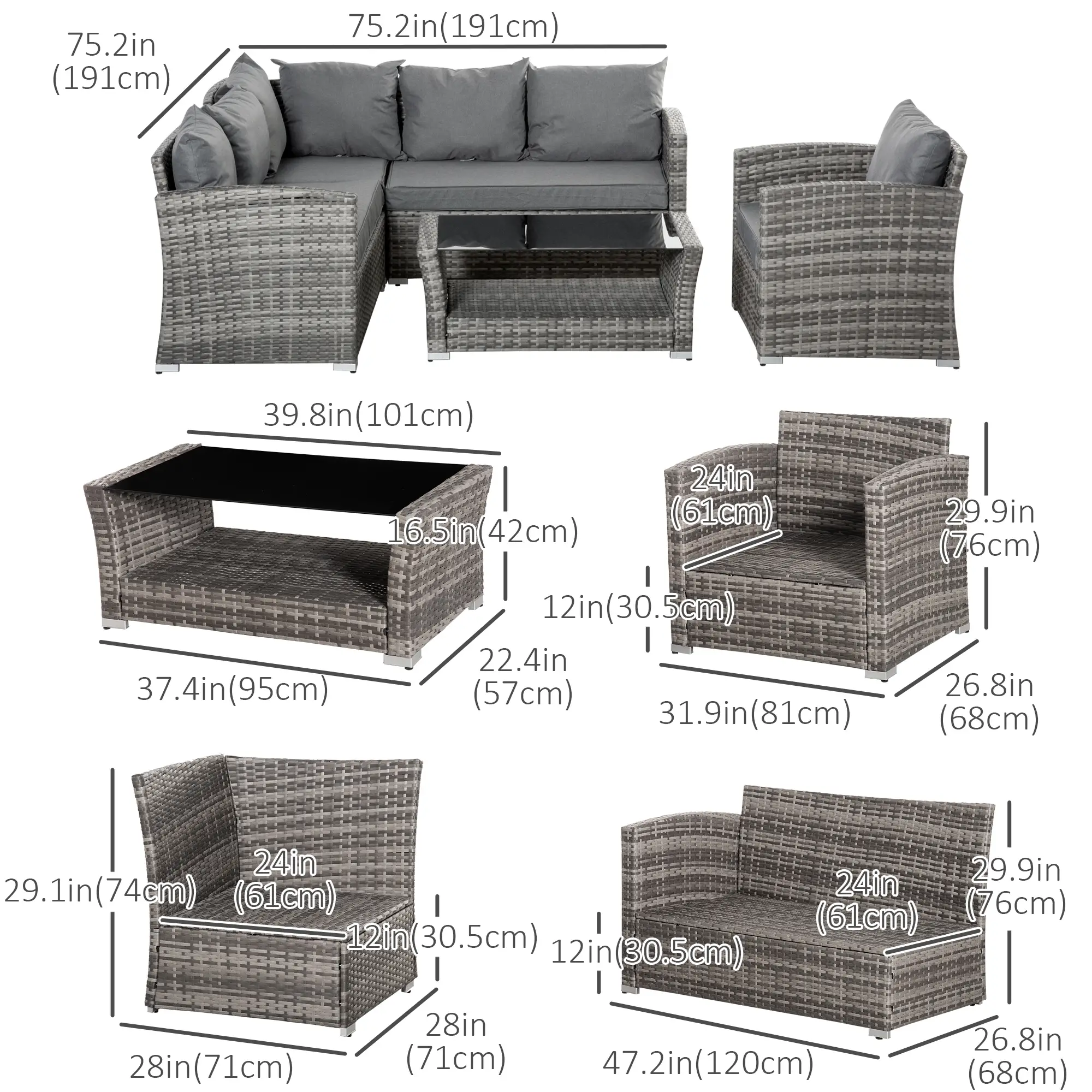 5-Piece Wicker Patio Set, 4" Thick Cushions, Outdoor PE Rattan Sofa, Grey - Image 3