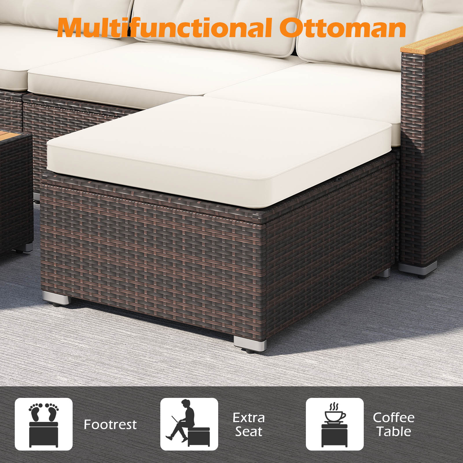 5-Piece Wicker Rattan Conversation Set With Cushions, Coffee Table, White - Image 10