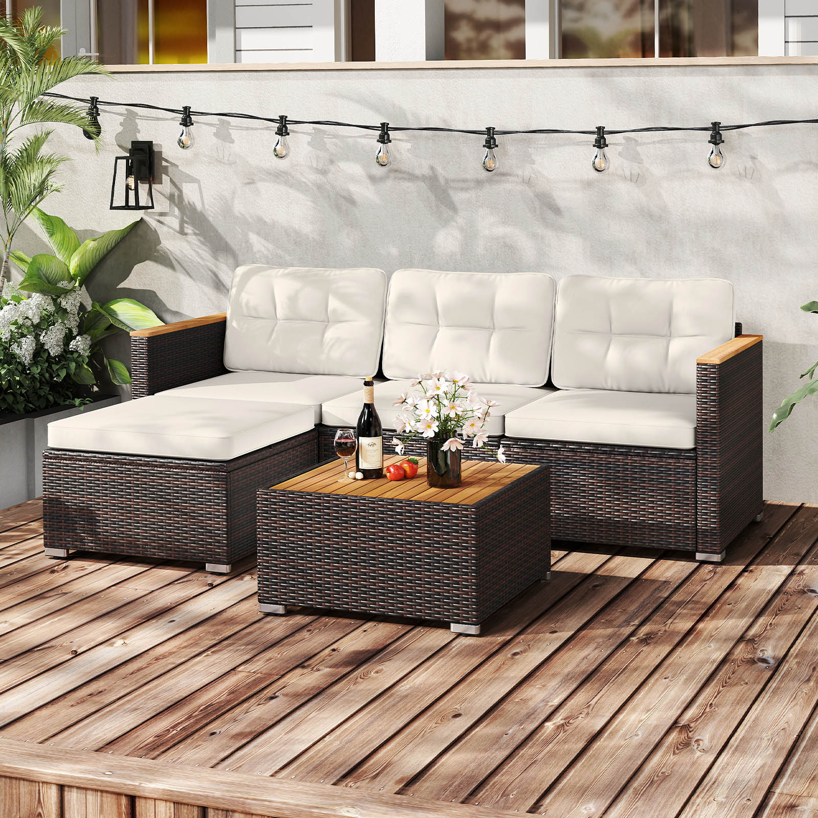 5-Piece Wicker Rattan Conversation Set With Cushions, Coffee Table, White - Image 2