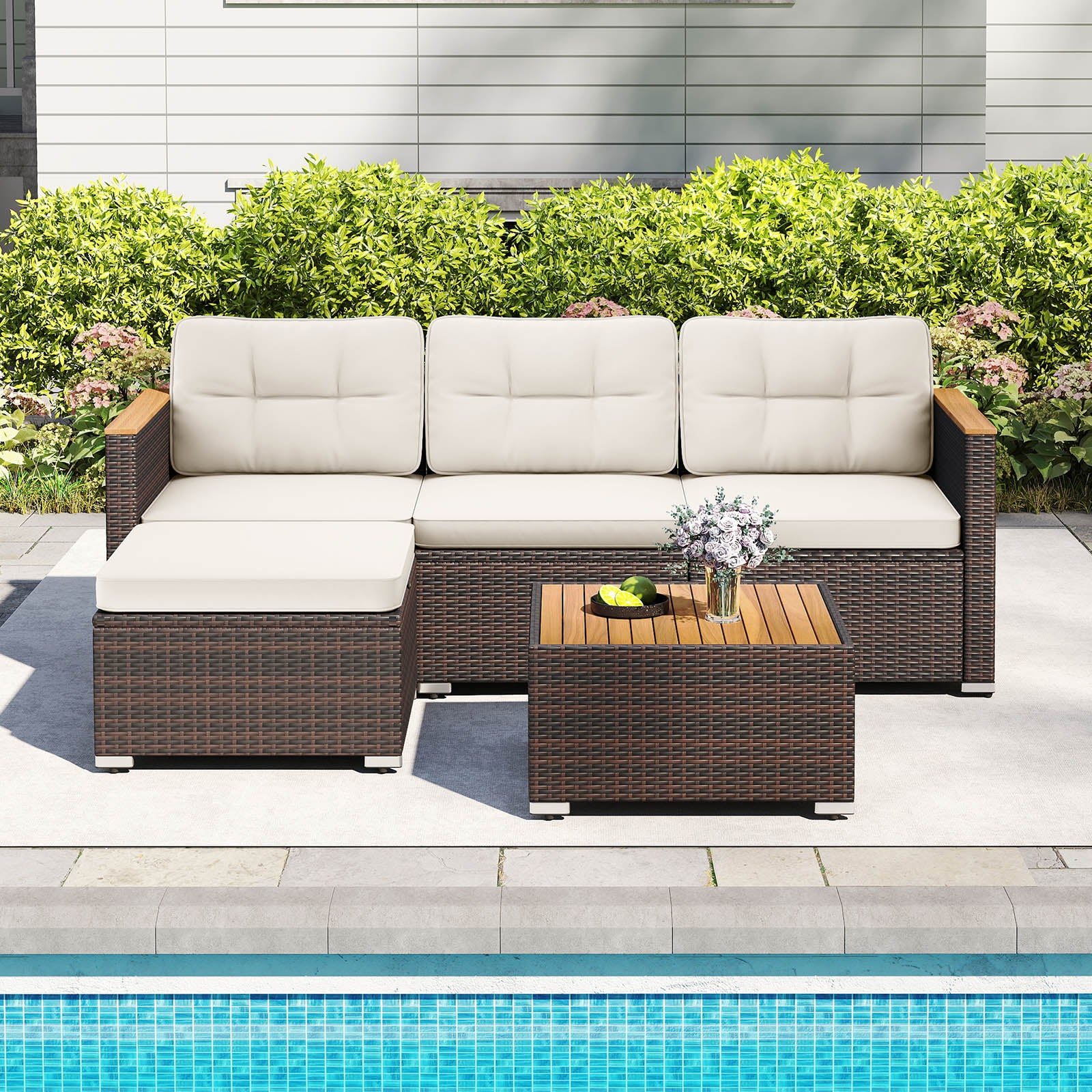 5-Piece Wicker Rattan Conversation Set With Cushions, Coffee Table, White - Image 3