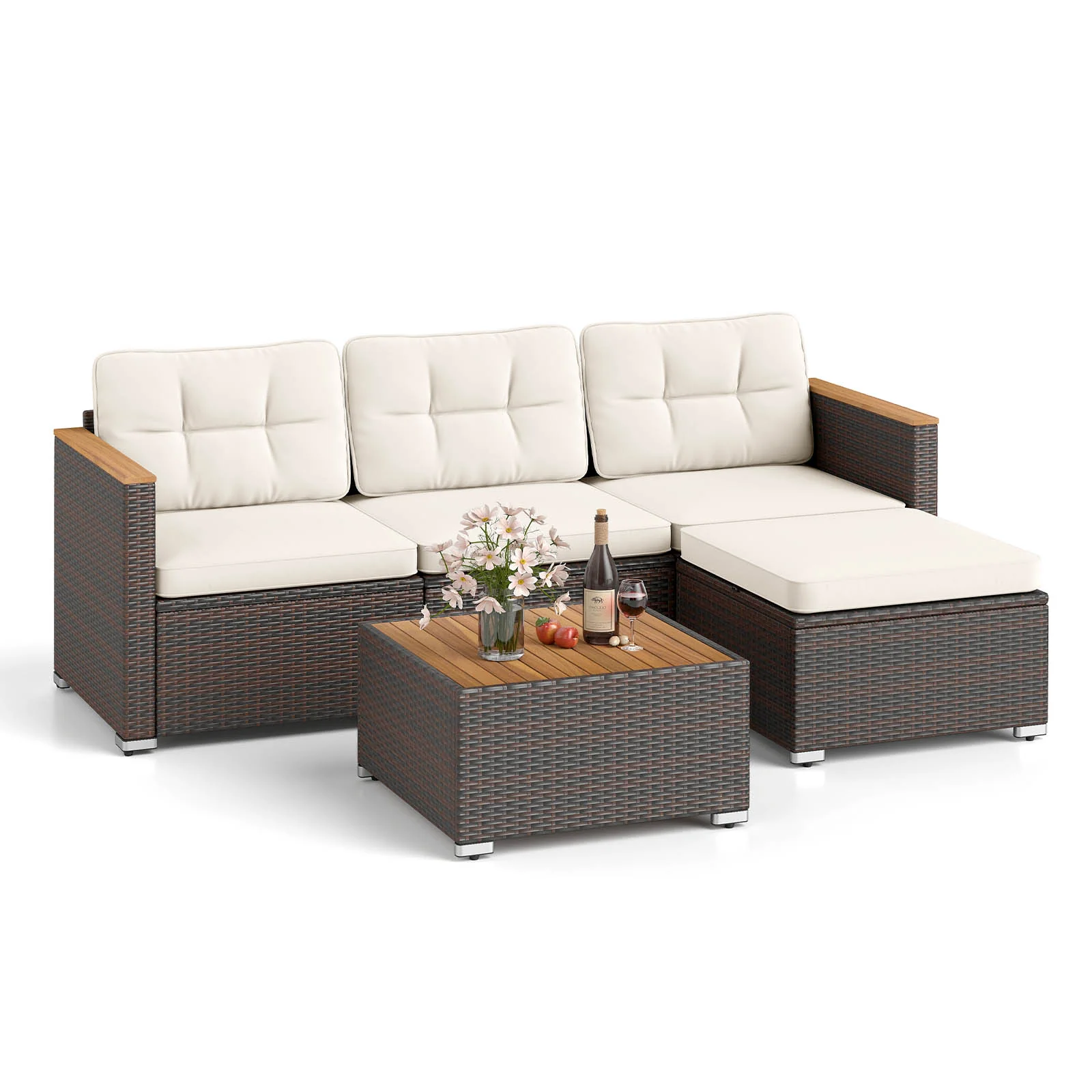 5-Piece Wicker Rattan Conversation Set With Cushions, Coffee Table, White - Image 5