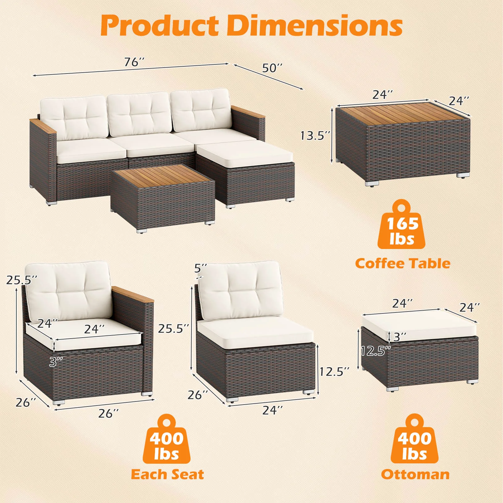 5-Piece Wicker Rattan Conversation Set With Cushions, Coffee Table, White - Image 6