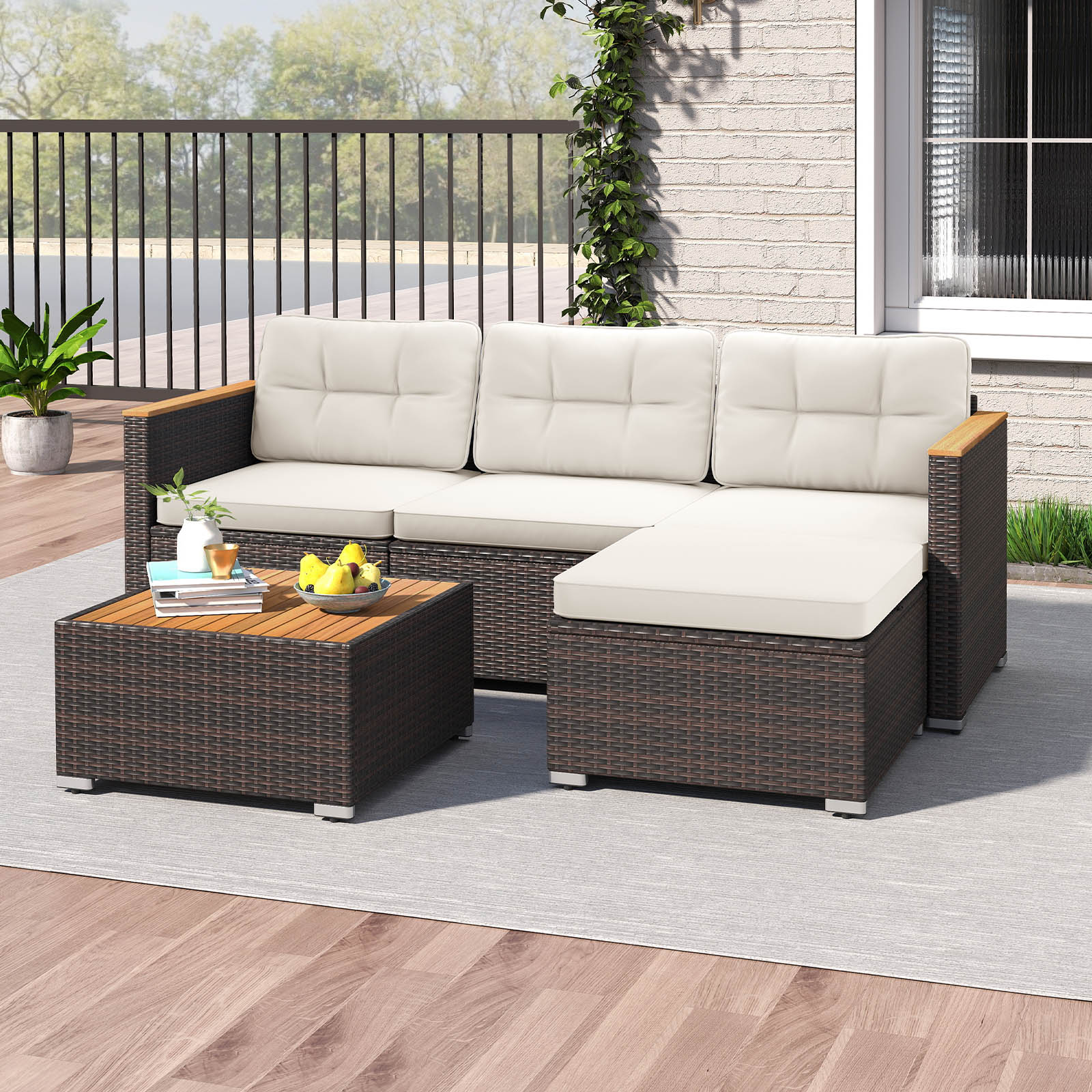5-Piece Wicker Rattan Conversation Set With Cushions, Coffee Table, White - Image 7