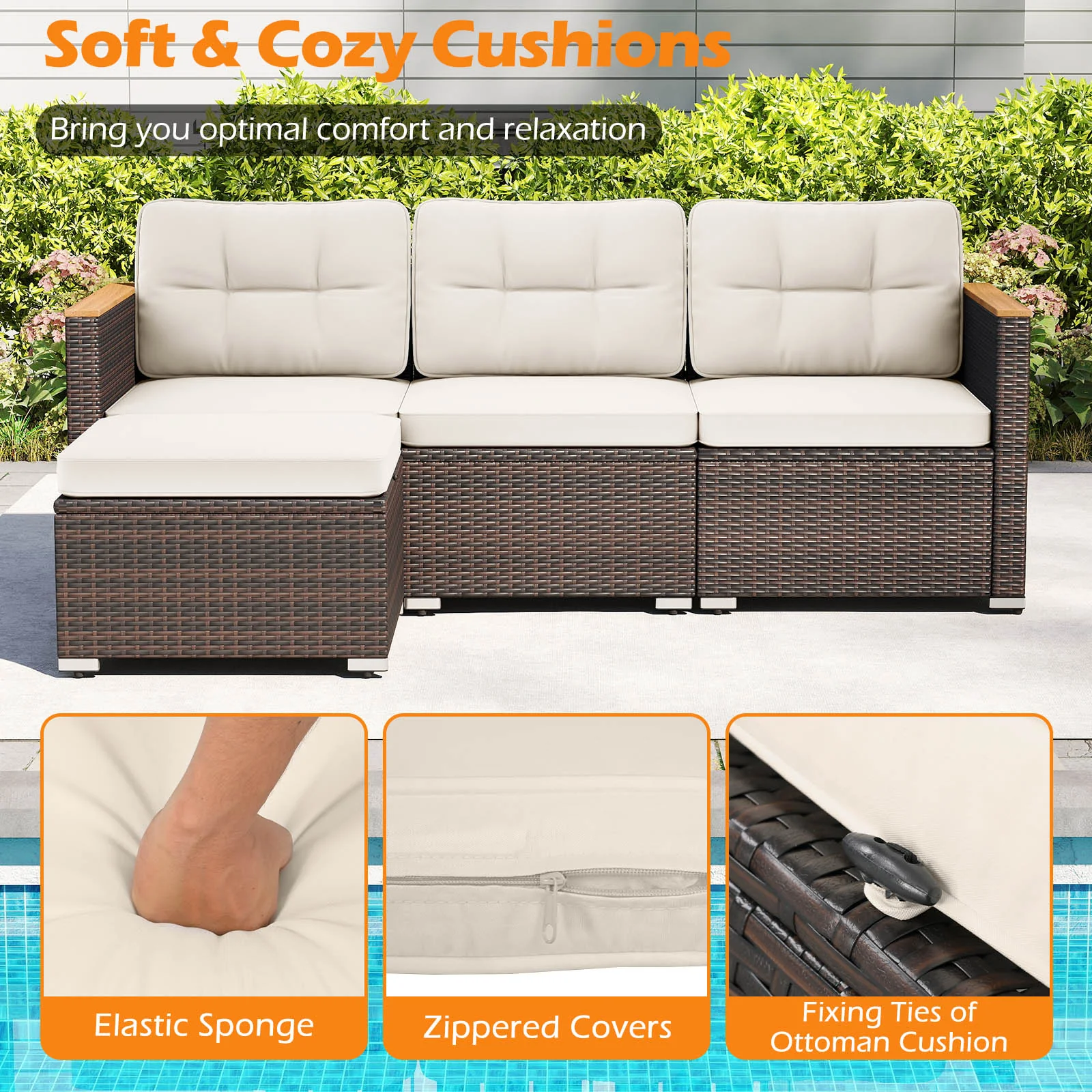 5-Piece Wicker Rattan Conversation Set With Cushions, Coffee Table, White - Image 8