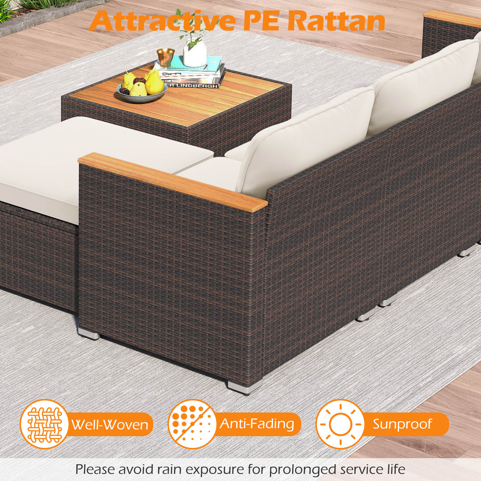 5-Piece Wicker Rattan Conversation Set With Cushions, Coffee Table, White - Image 9
